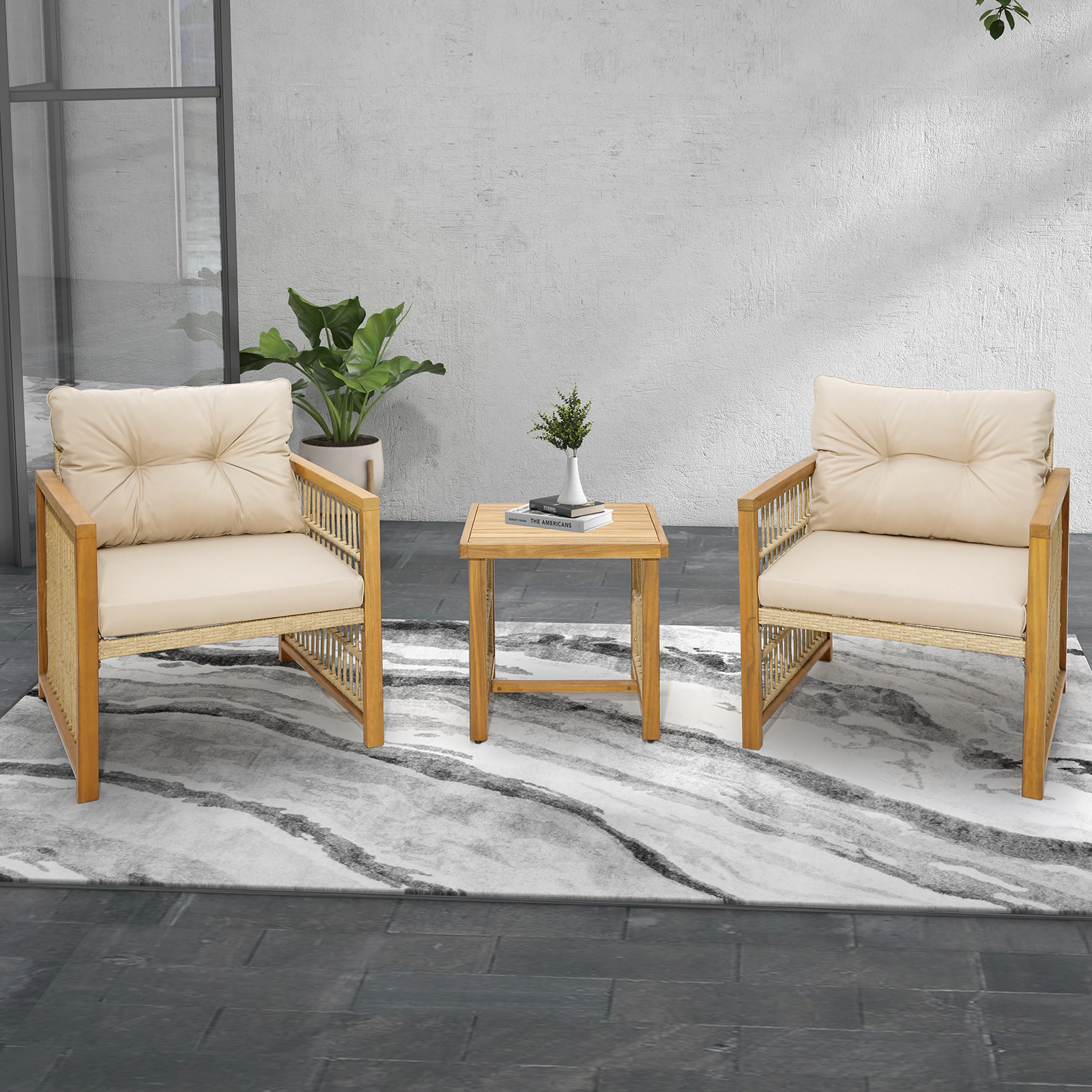 LJG 3 Pieces Patio PE Wicker Conversation Set with Acacia Wood Frame and Cushions