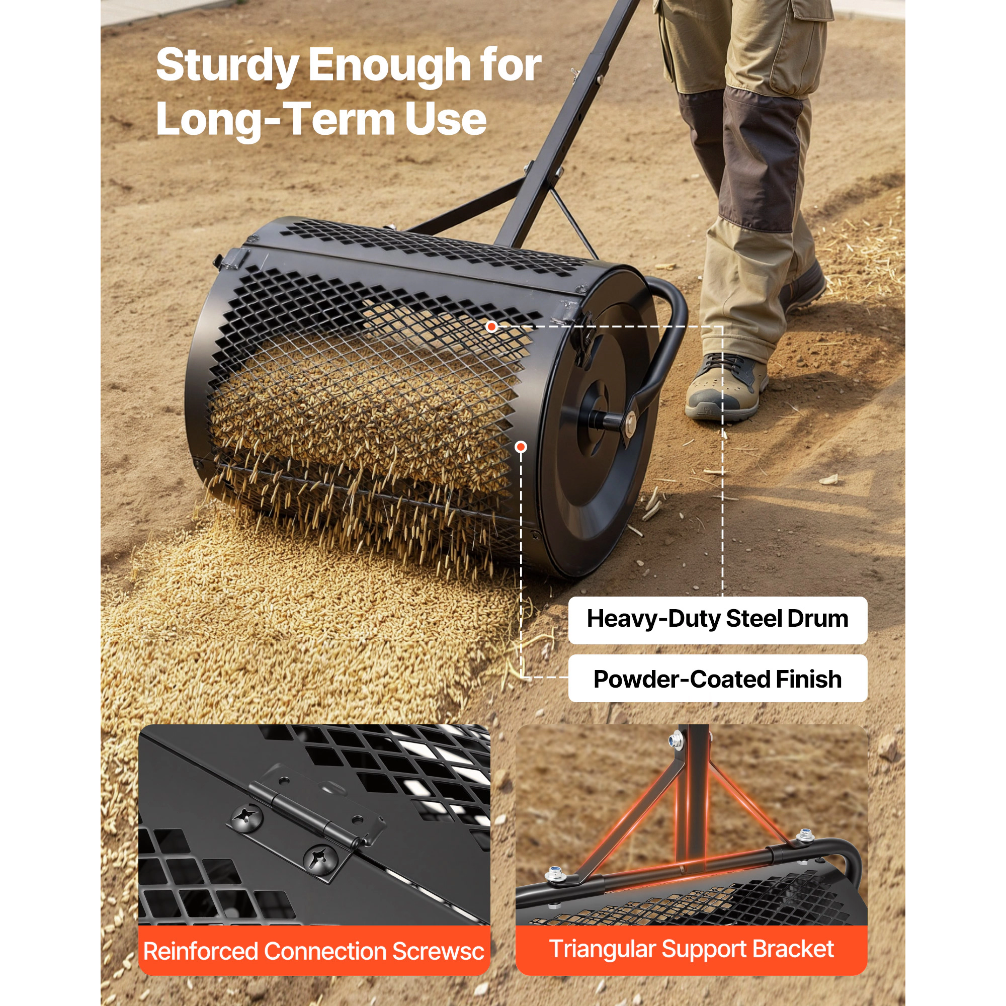 HONGGE Heavy Duty Compost Spreader Peat Moss Roller with Adjustable Handle Heights Powder-Coated Steel Garden Seeding