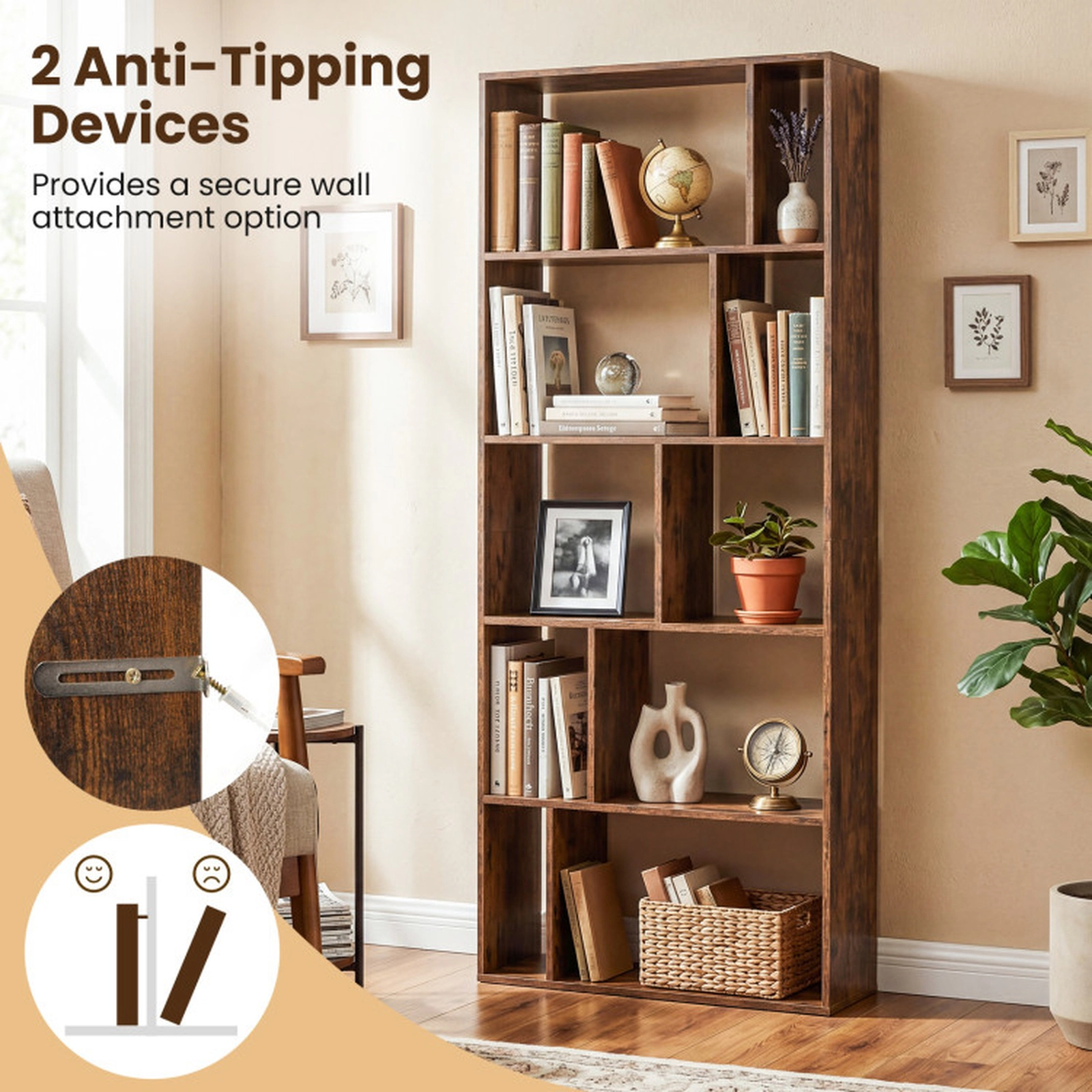 SUGIFT 5-Tier Modern Bookshelf with Open Back and 10 Storage Cubes 22-lb Cube Capacity 65-in Tall Brown