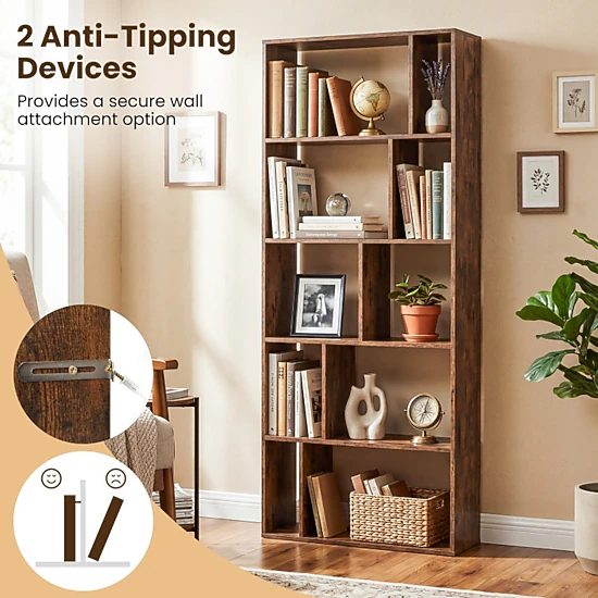 SUGIFT 5-Tier Modern Bookshelf with Open Back and 10 Storage Cubes 22-lb Cube Capacity 65-in Tall Brown