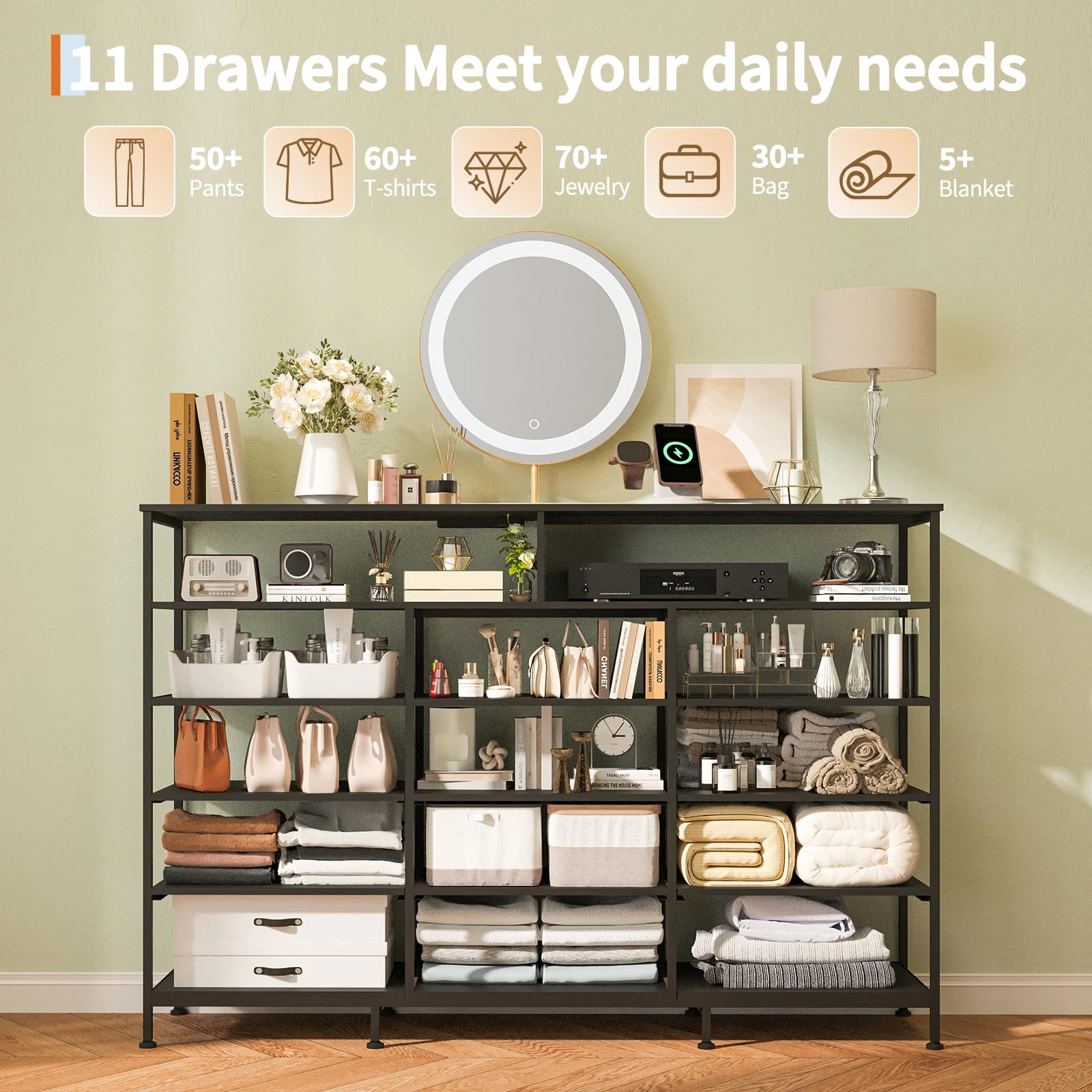55.1" 11 Drawer Fabric Dresser with LED Lights, Power Outlet & Open Shelves