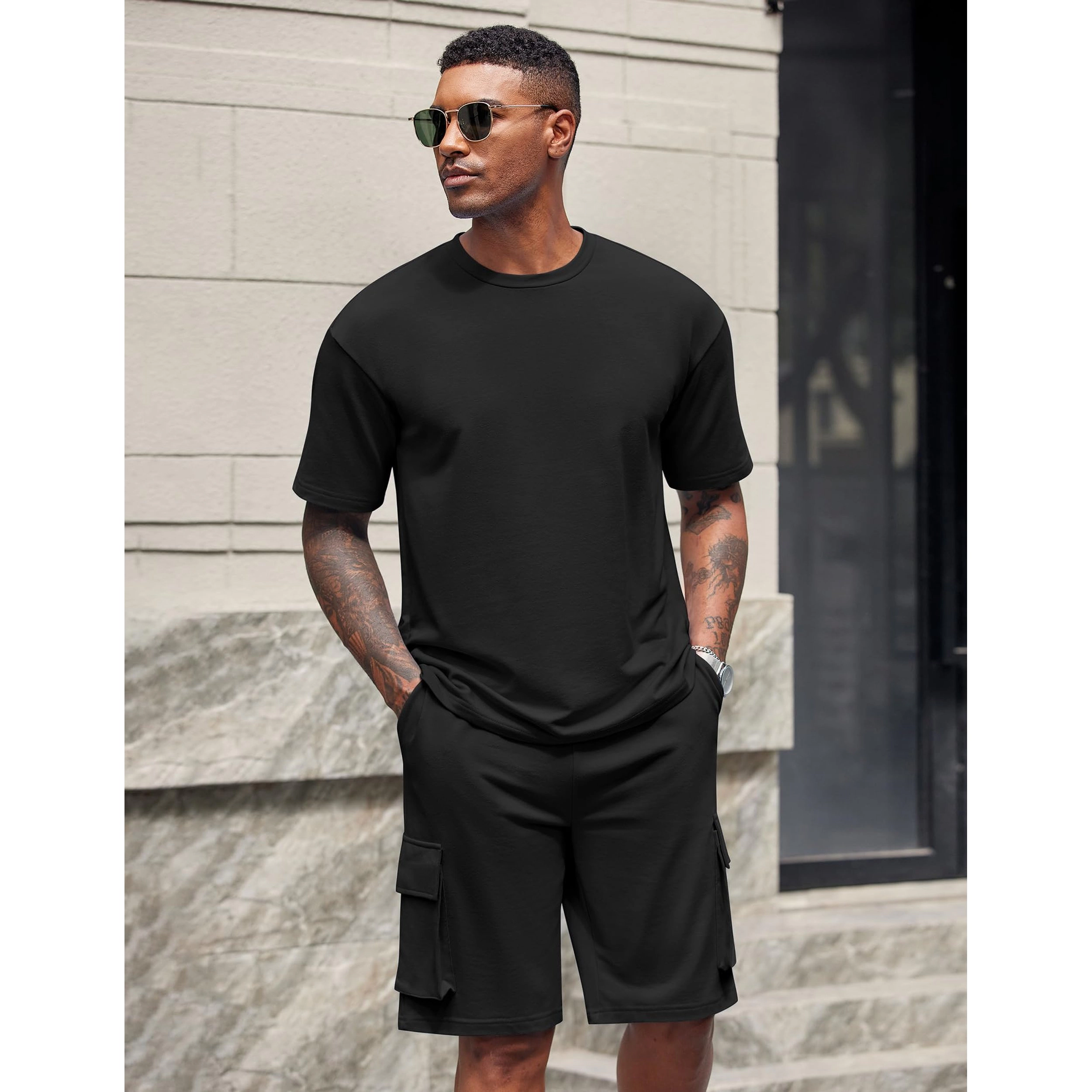 COOFANDY Men's Regular Fit Crew Neck Short Sleeve T-Shirt And Cargo Shorts Set