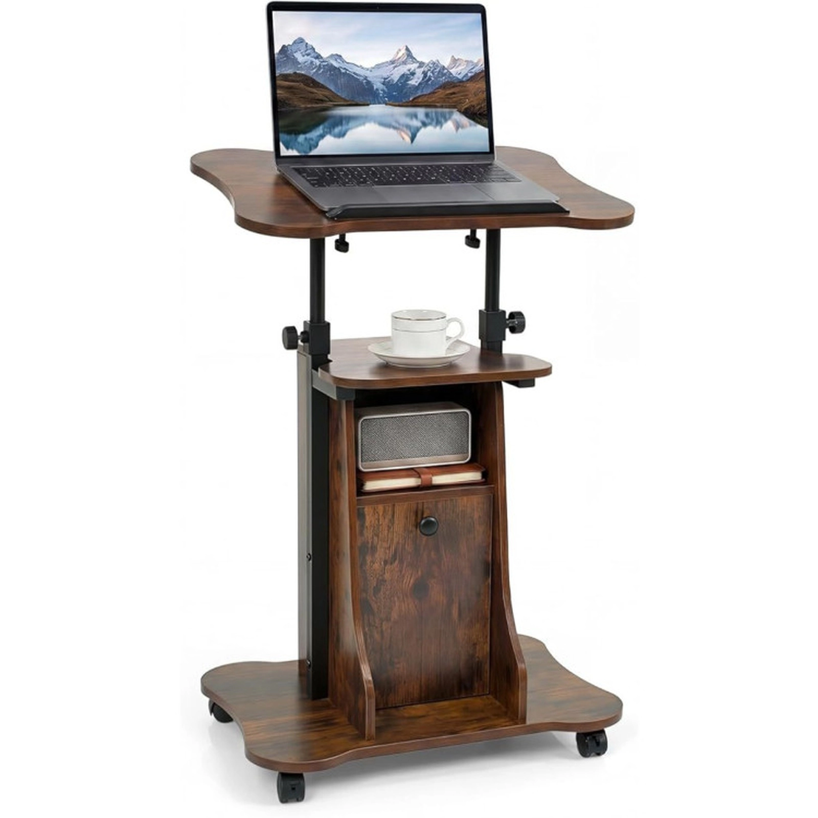 SUGIFT Mobile Standing Desk Cart Lectern with Tilt Desktop and Storage Cabinet 45-lb Capacity Rustic Brown