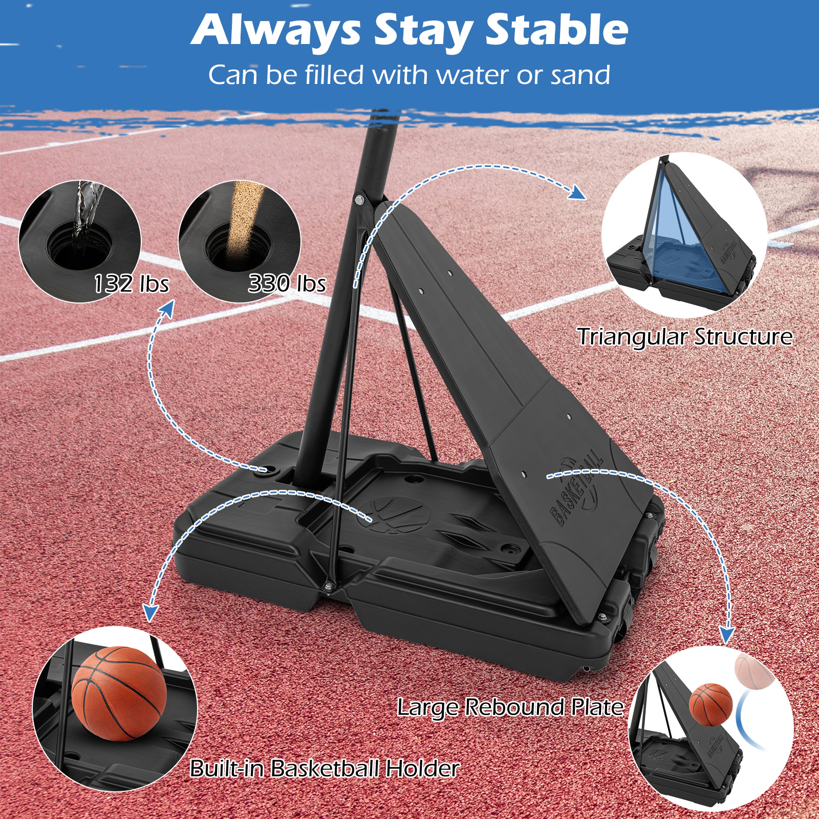 SUGIFT 4.9-ft to 10-ft 10-Level Adjustable Portable Basketball Hoop with 44-in PC Backboard and Rebounder