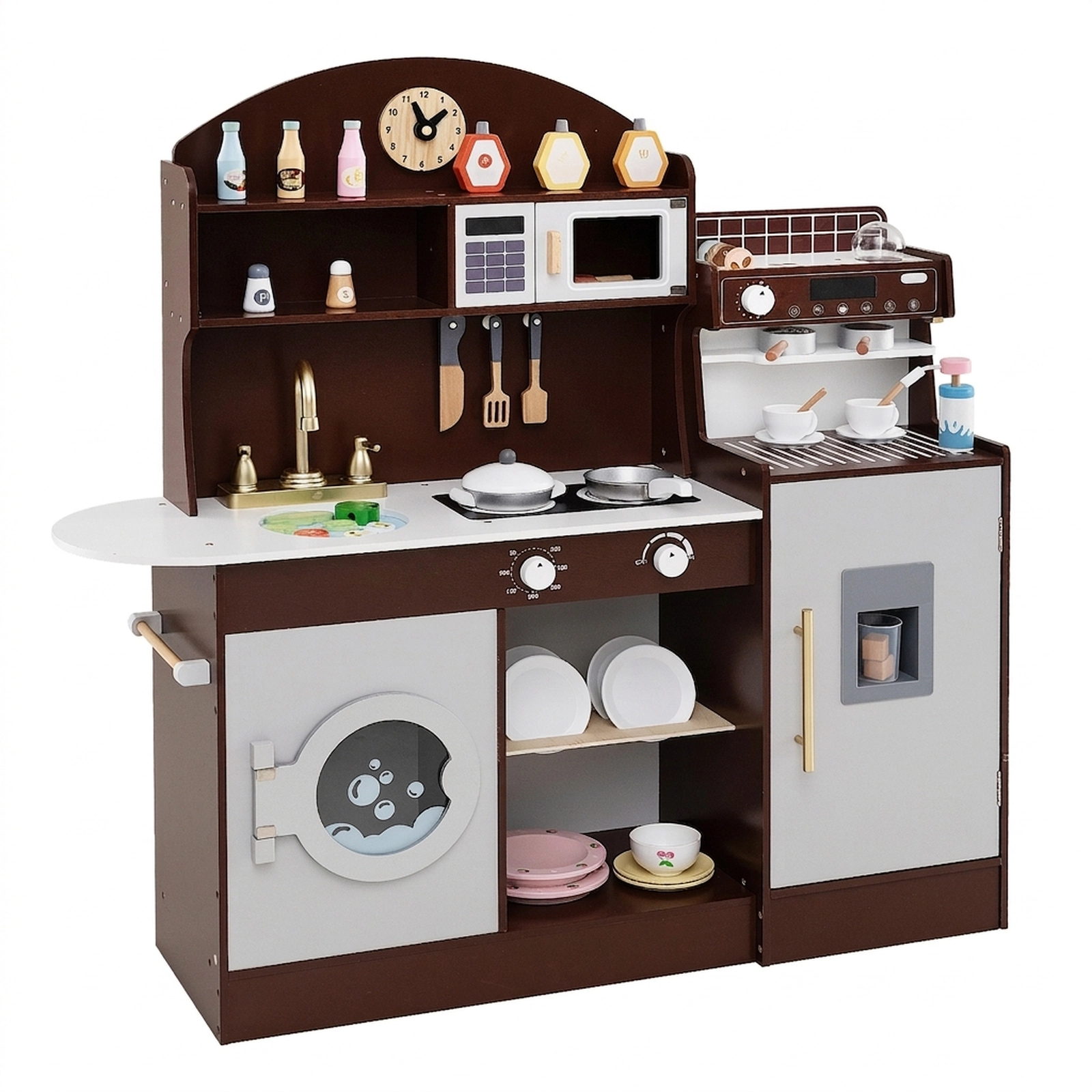 Kids Wooden Kitchen Set Coffee Maker Ice Maker 27-pc Accessories Dual Counters 42-in x 12-in x 41-in White