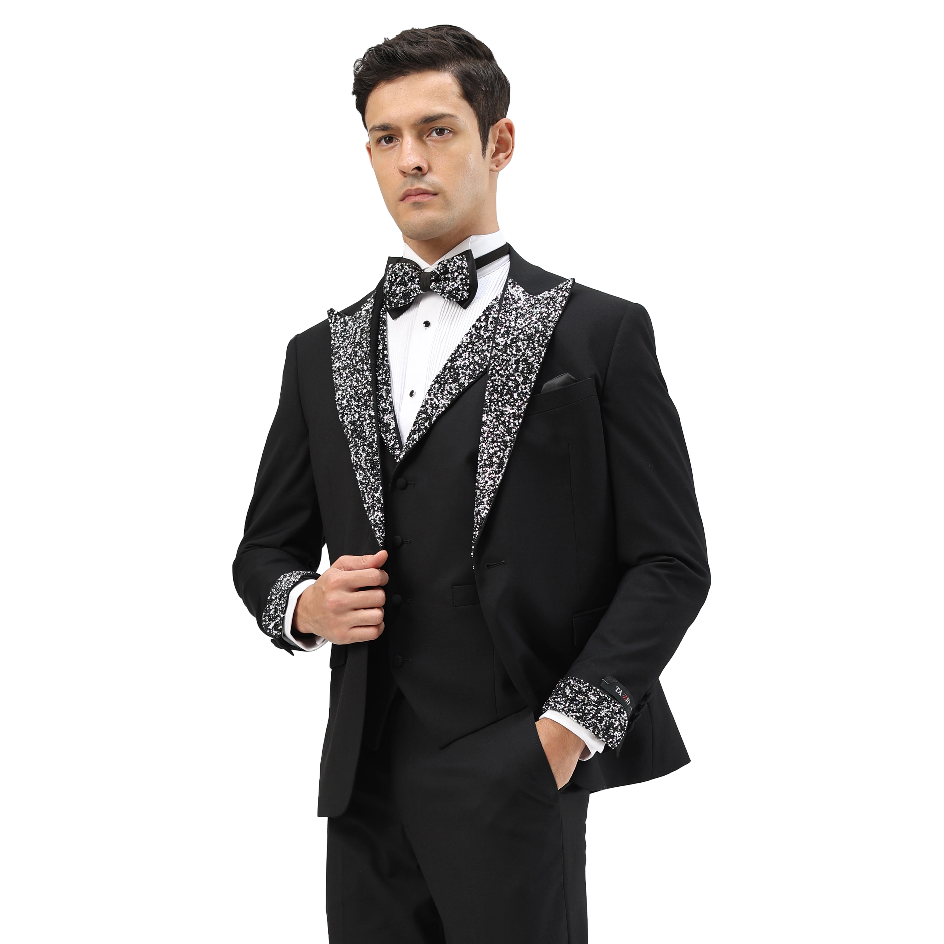Tazzio Men's Skinny Fit Rhinestone Peak Lapel 3-Piece Suit Set