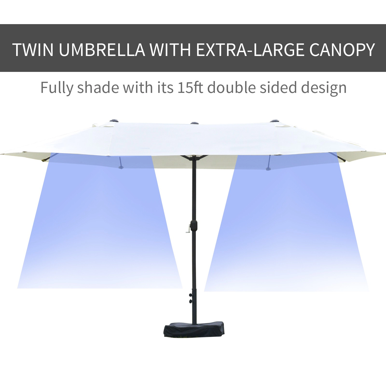 HONGGE Patio Umbrella 15' Steel Rectangular Outdoor Double Sided Market with base UV Sun Protection & Easy Crank for