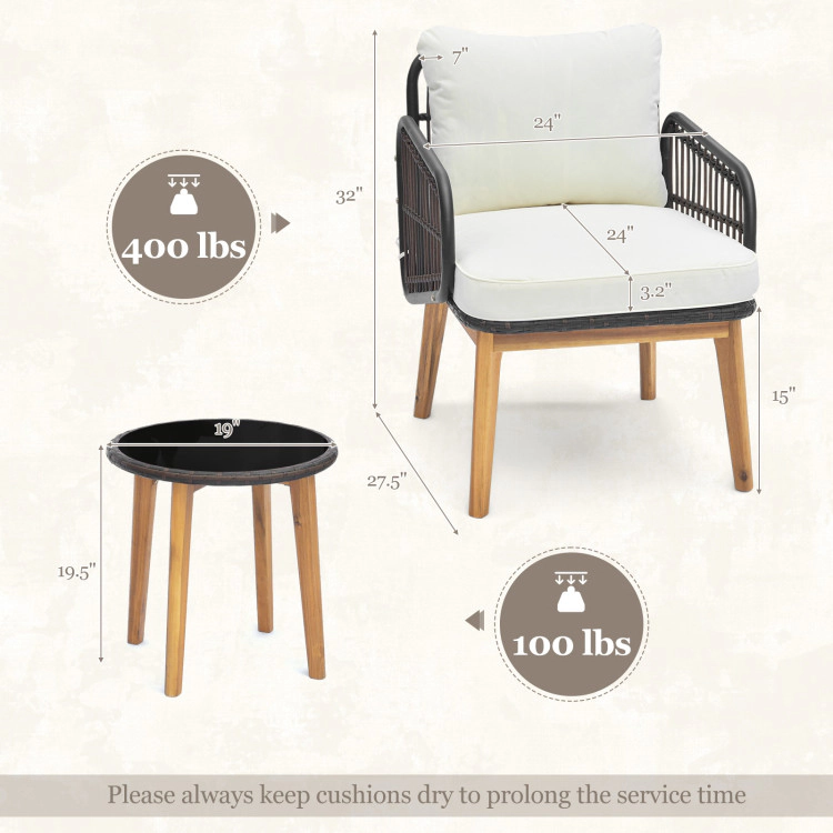 Hivvago 3 Pieces Patio Furniture Set With Cushioned Chairs And Tempered Glass Side Table