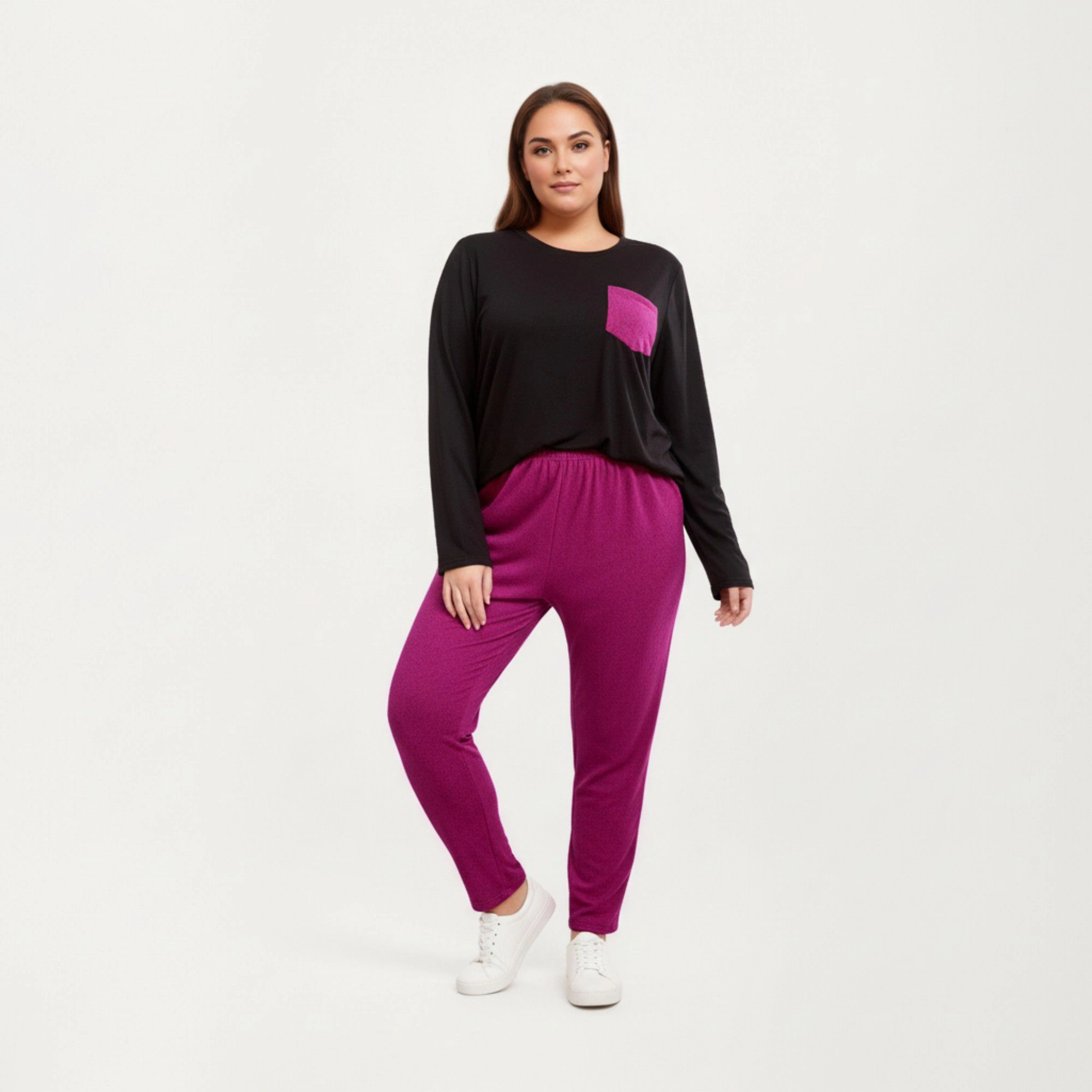Anna-Kaci Women's 2-Piece Long Sleeve Knit Top Contrast Pocket and Soft Stretch Pajama Pants Relaxed Tapered Fit