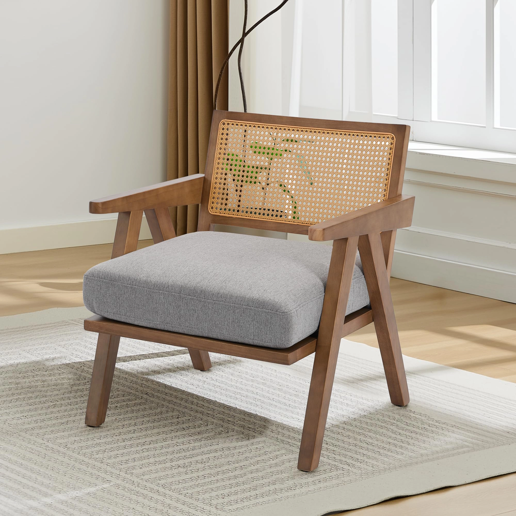 BebreezChic Mid-Century Accent Chair, Farmhouse Wood Armchair with Rattan Backrest & Cushion