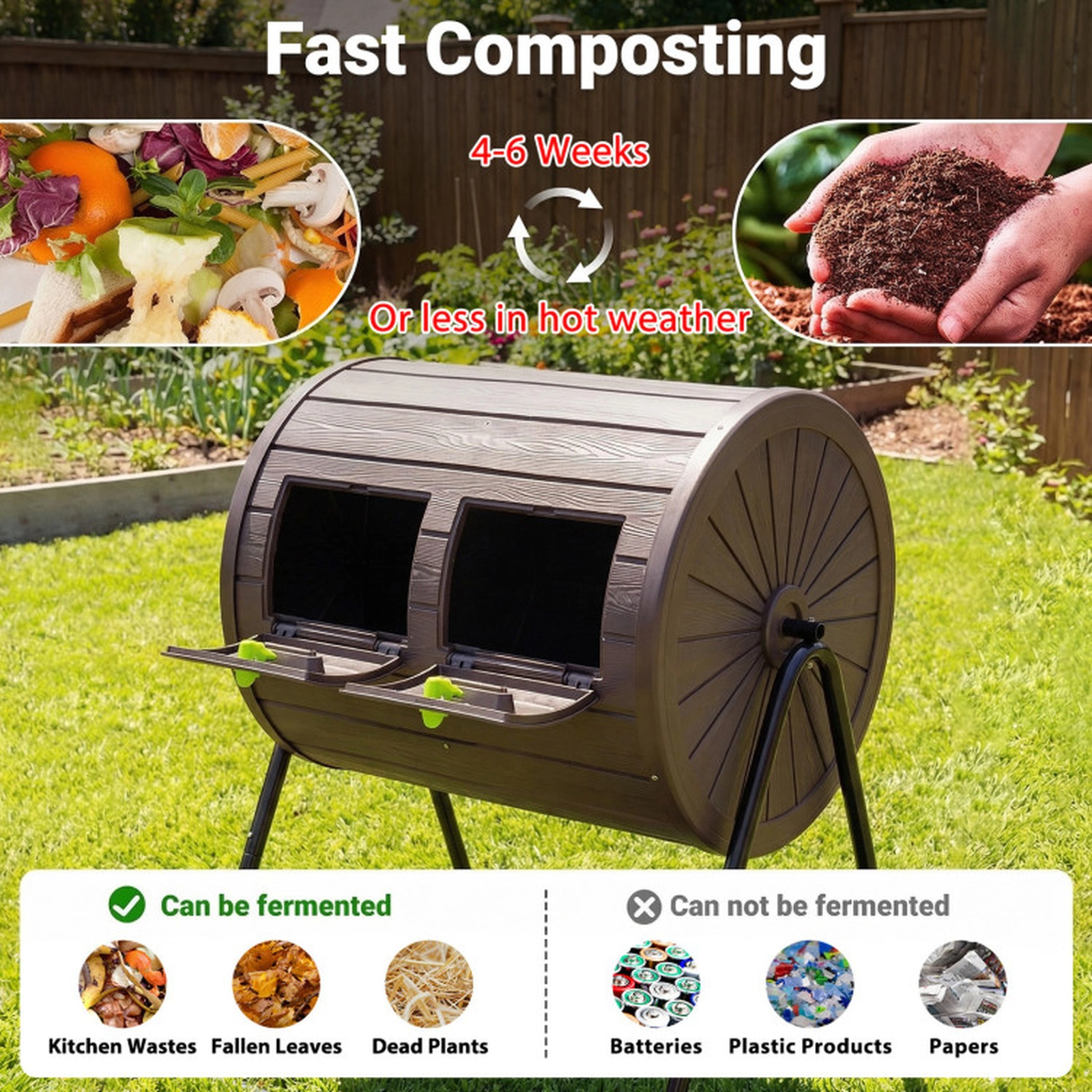 SUGIFT 37.5-gal Coffee Dual Chamber Outdoor Compost Bin Tumbler with 2 Lockable Doors and Wood Grain