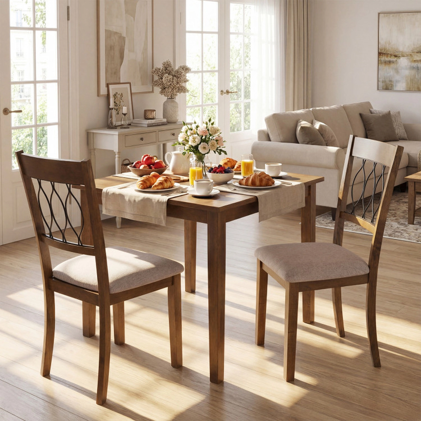 SUGIFT Set of 2 Rustic Brown Upholstered High Open Back Dining Room Chairs with Padded Seat for Kitchen