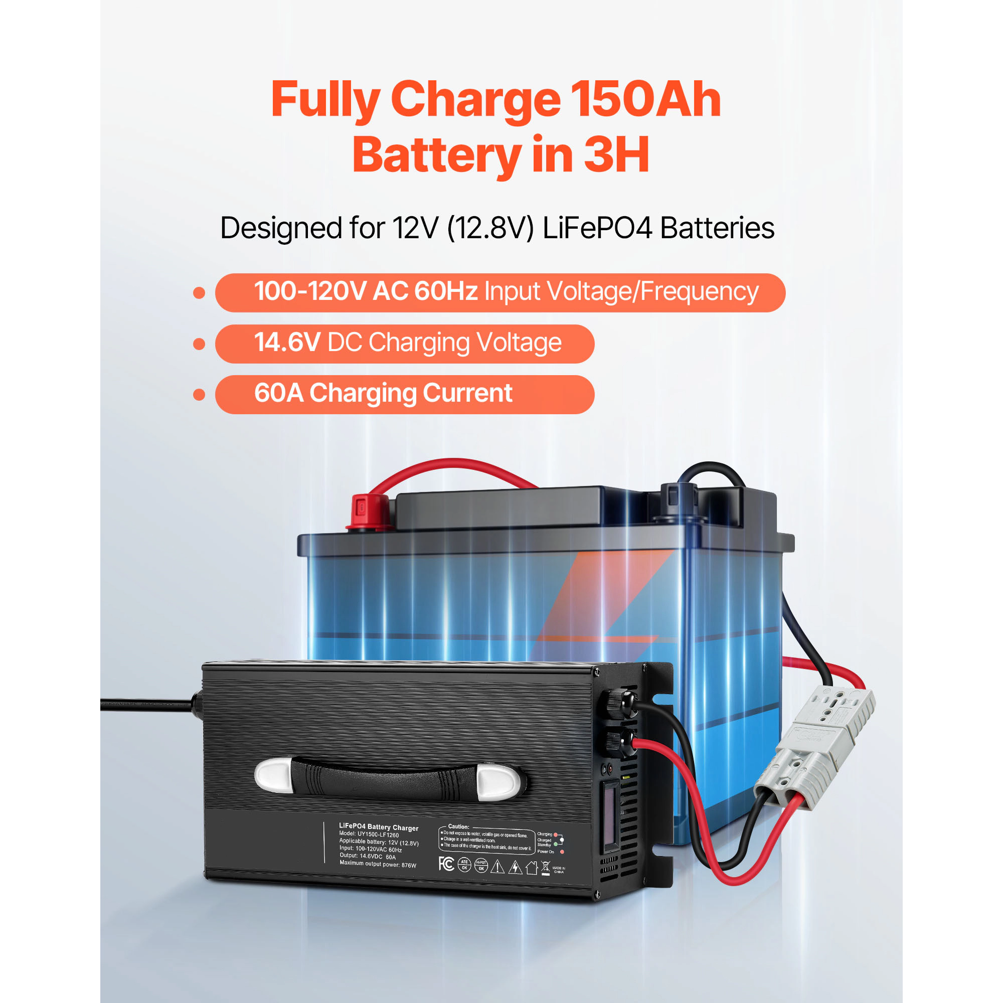 HONGGE Lithium Battery Charger, AC-DC LiFePO4 Smart with Connector, LED Indicator, 0V Activation