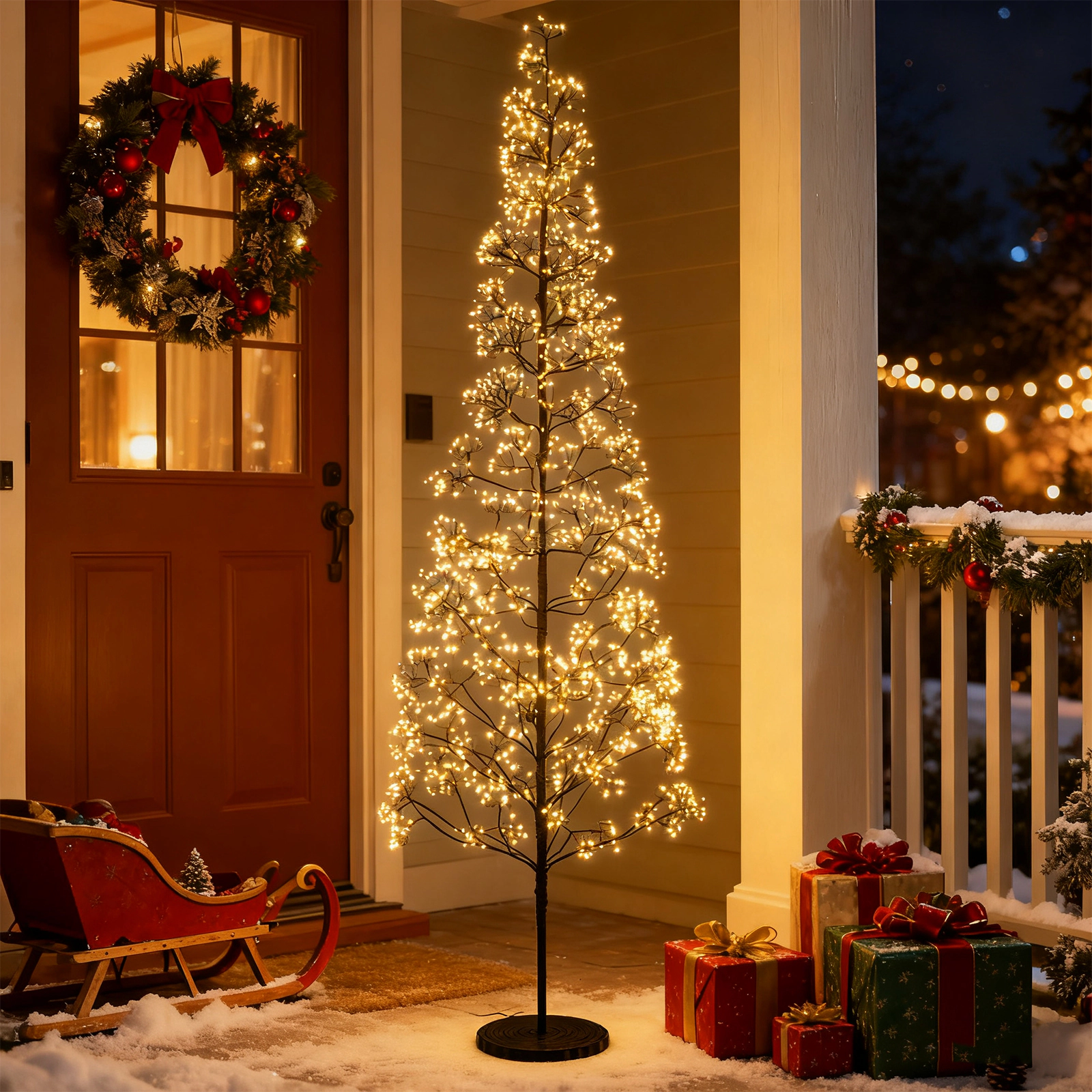 SUGIFT 7-ft Pre-Lit Lighted Alpine Cedar Tree with 2100 Warm White LED Lights and Weighted Base