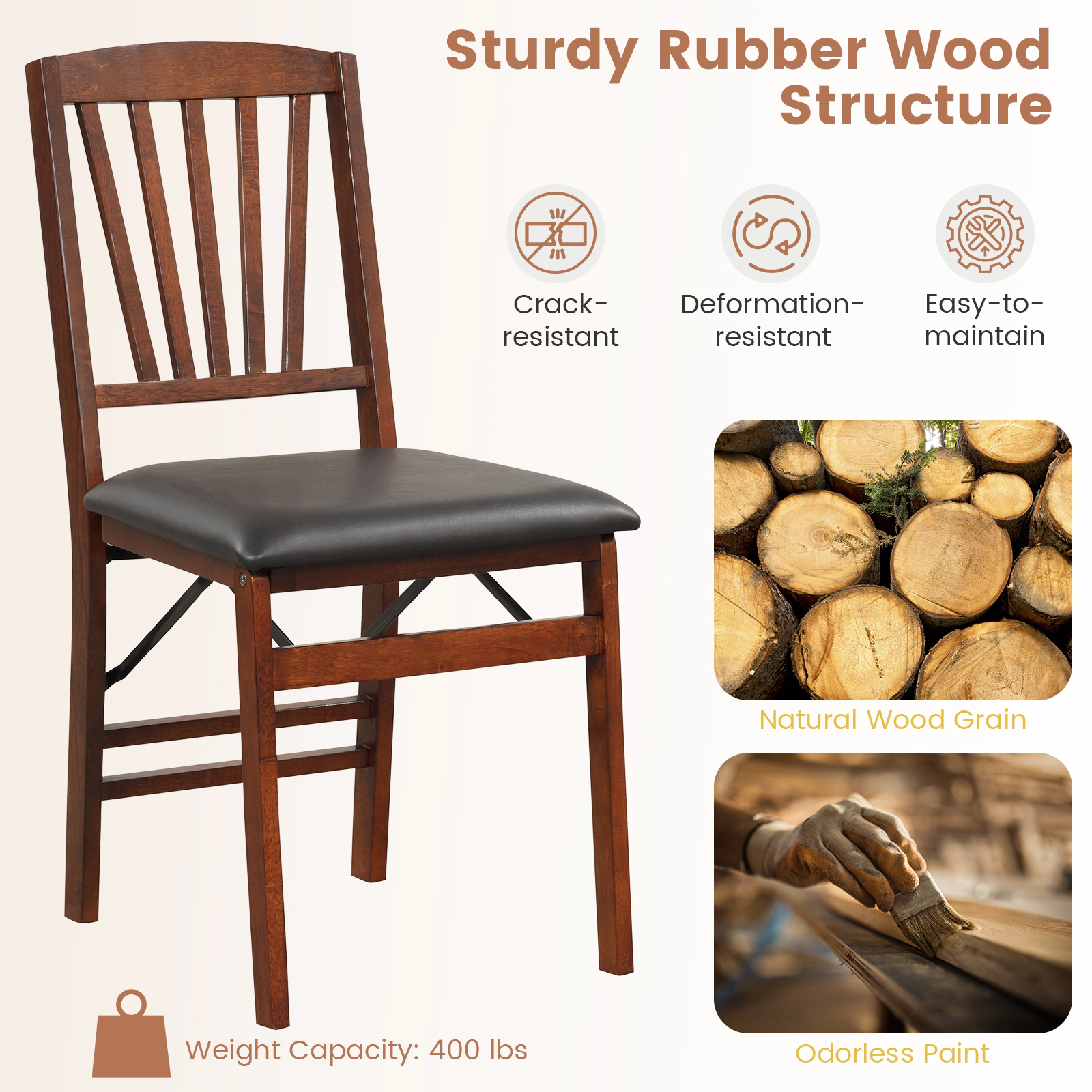 LJG Set of 2 Folding Chairs with Padded Seat and Rubber Wood Frame