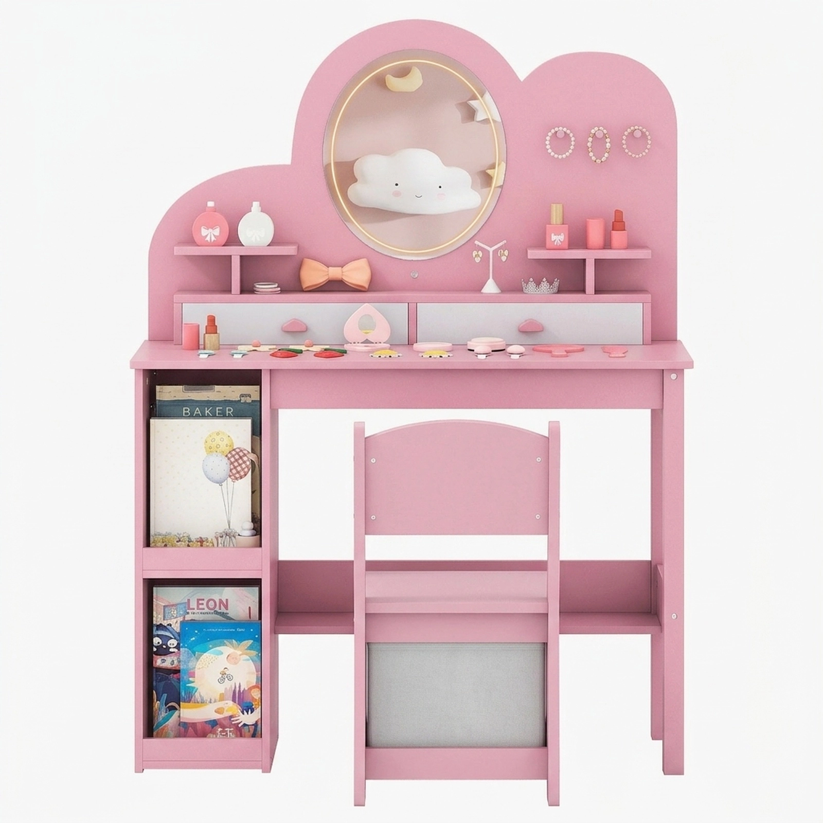 SUGIFT Kids Vanity with Lighted Mirror Princess Vanity Table and Chair Set 45-lb Tabletop Capacity Ages 3+ Pink/White