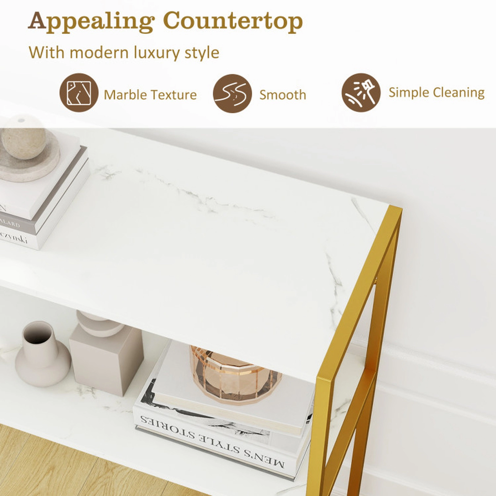 SUGIFT 2-Tier Open Shelves Gold Metal X Frame Entryway Console Table 36-in x 13-in x 36-in 66-lb per Shelf White