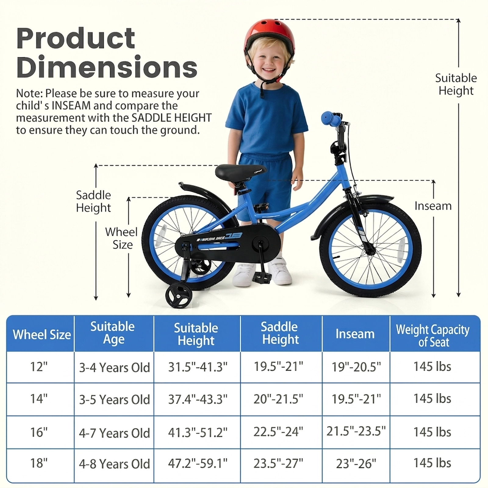 18-in Kids Bike Navy Ages 4-8 Detachable Training Wheels Adjustable Seat Kickstand and Reflectors 145-lb Seat Capacity