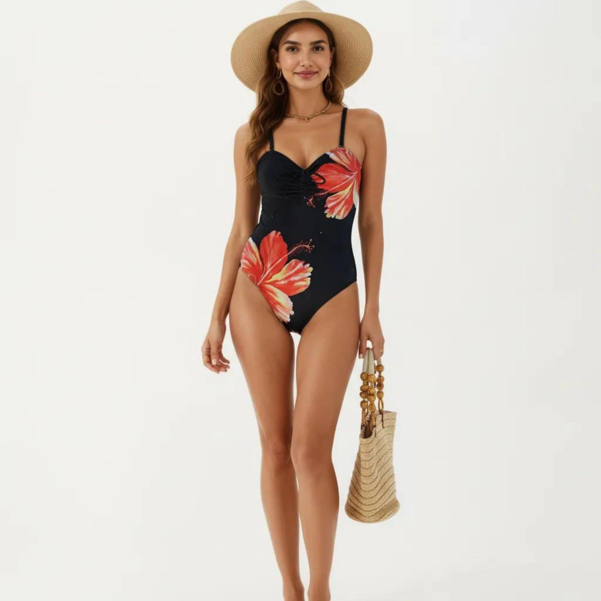 Anna-Kaci Women One-Piece Swimsuit Sweetheart Neck Drawstring Floral Print Slim Fit