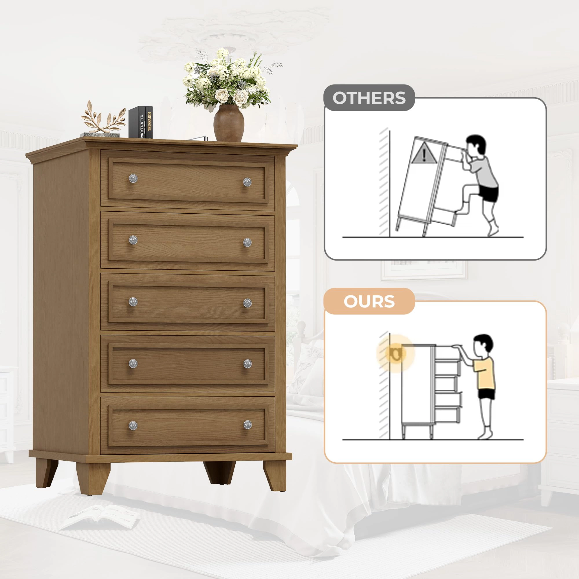 5 Drawer Modern Wood Dresser with Metal Handles, 48" Tall Storage Chest for Bedroom Entryway Hallway