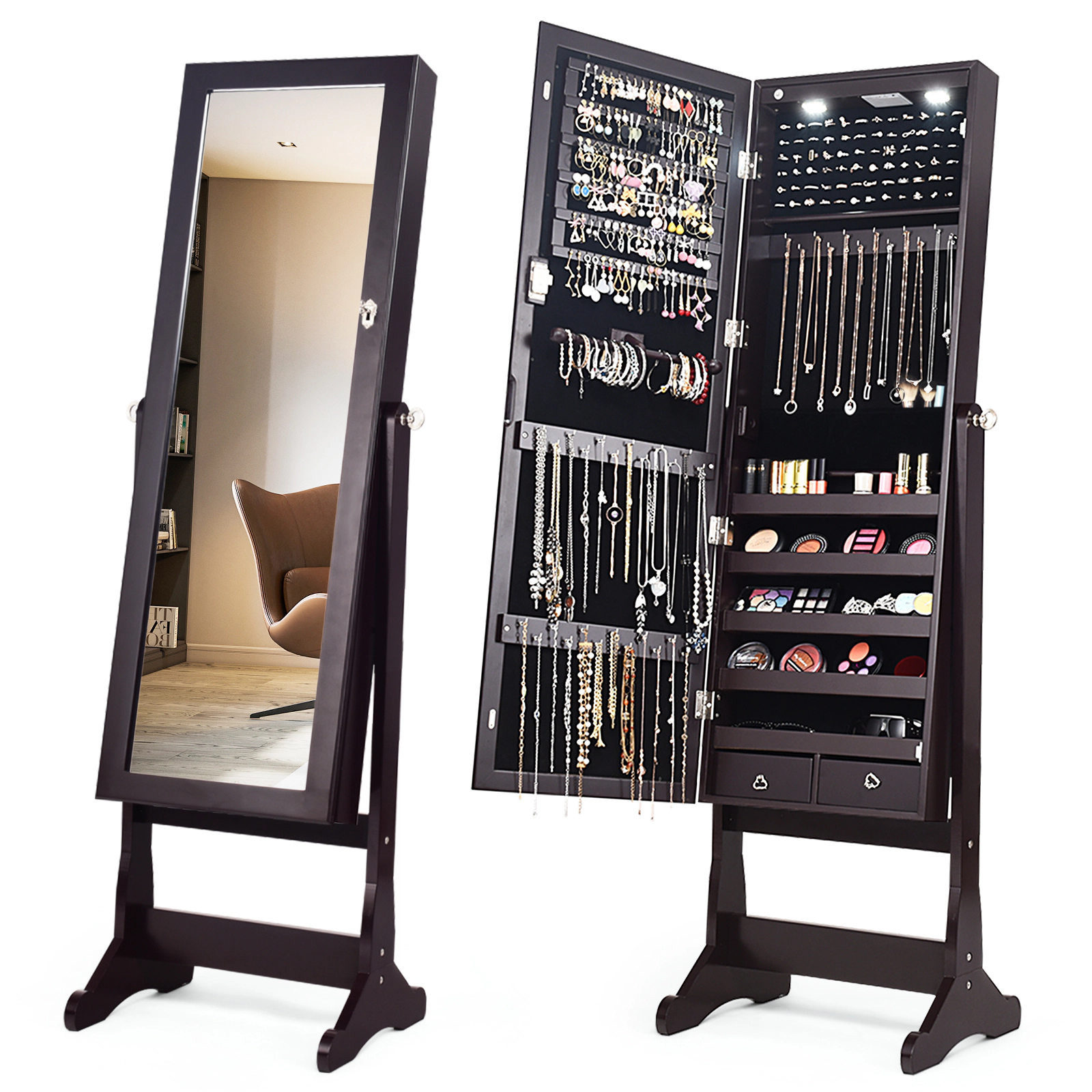 Glintex Freestanding Jewelry Cabinet with Stand 8 LED Lights and Full Mirror, Brown