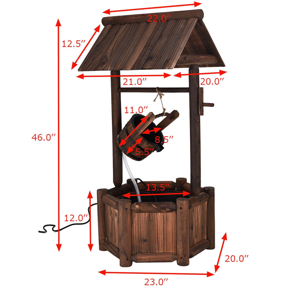 SUGIFT Brown 44.5-in Rustic Wishing Well Fir Wood Garden Fountain with 120V Electric Pump for Yard