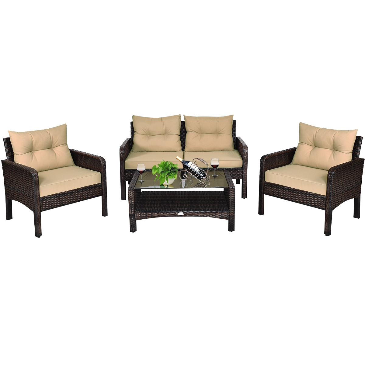 LJG 4 Pieces Outdoor Rattan Wicker Loveseat Furniture Set with Cushions