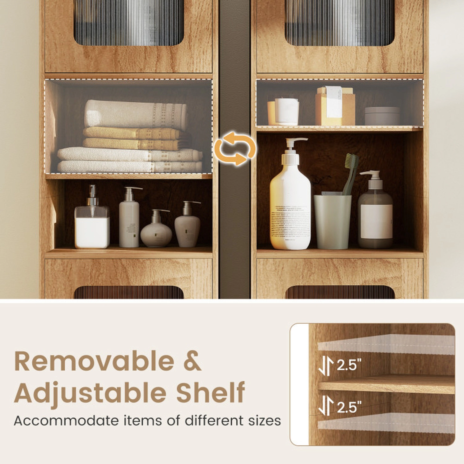 SUGIFT Tall Fluted Translucent Doors Open Compartments Bathroom Cabinet 16-in x 12-in x 67-in 155-lb Capacity Natural