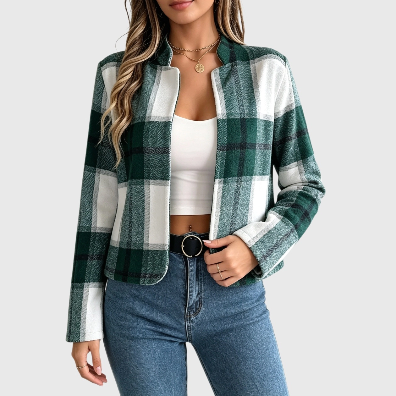 YesFashion Women's Flannel Cropped Shacket Casual Plaid Open Front Fashion Jacket Blazers Coat Tops