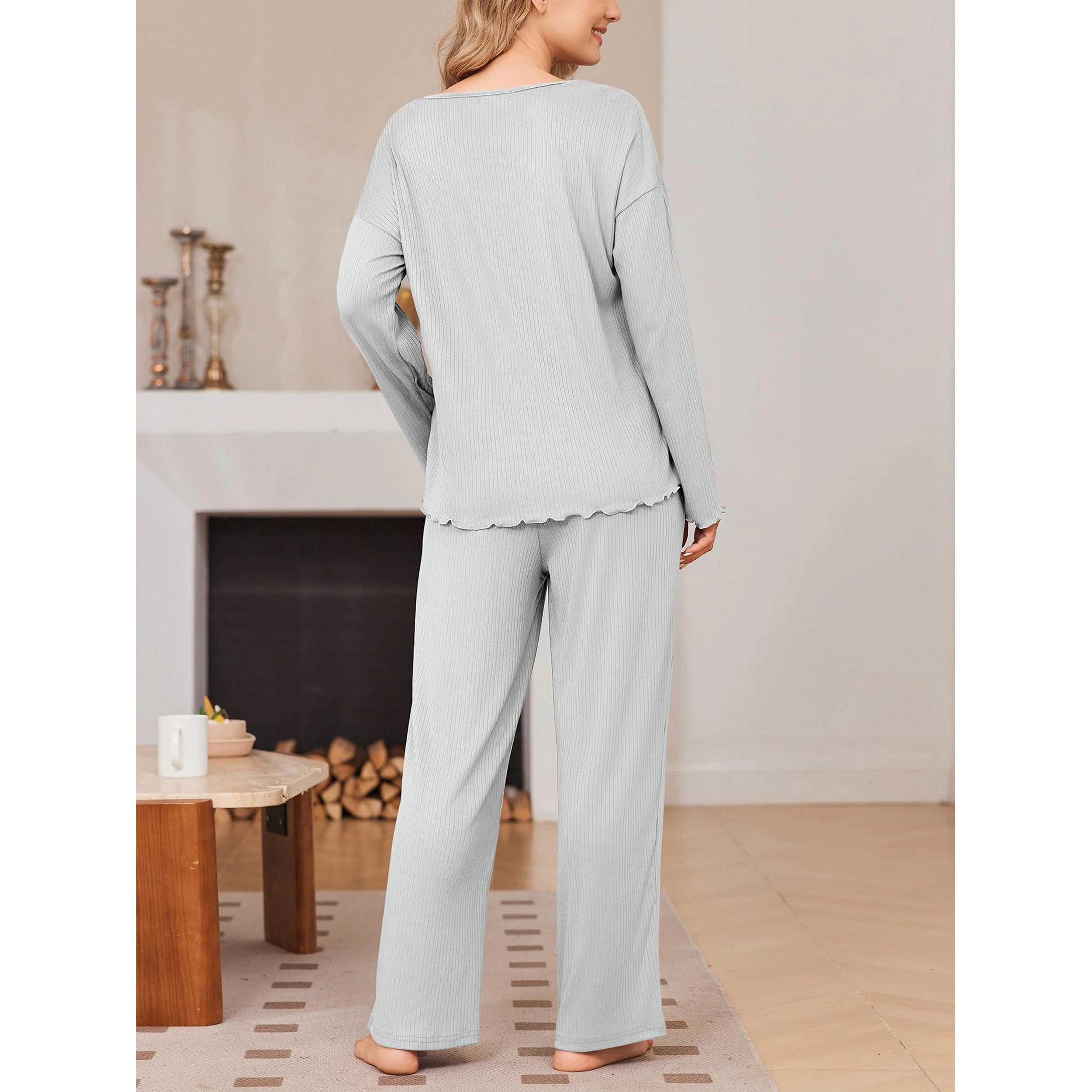 Ekouaer Womens Pajama Set Ribbed Knit Pajamas Two Piece Lounge Long Sleeve Top and Pants