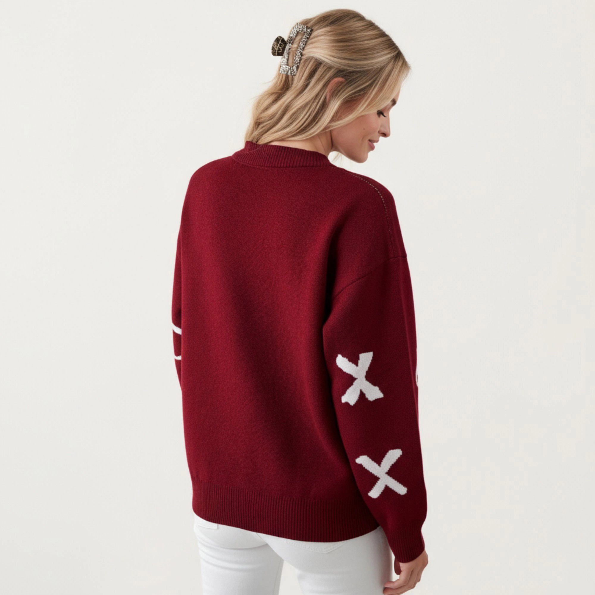 Anna-Kaci Women's Long Sleeve Knit Sweater with Allover Bow Pattern Ribbed Trim