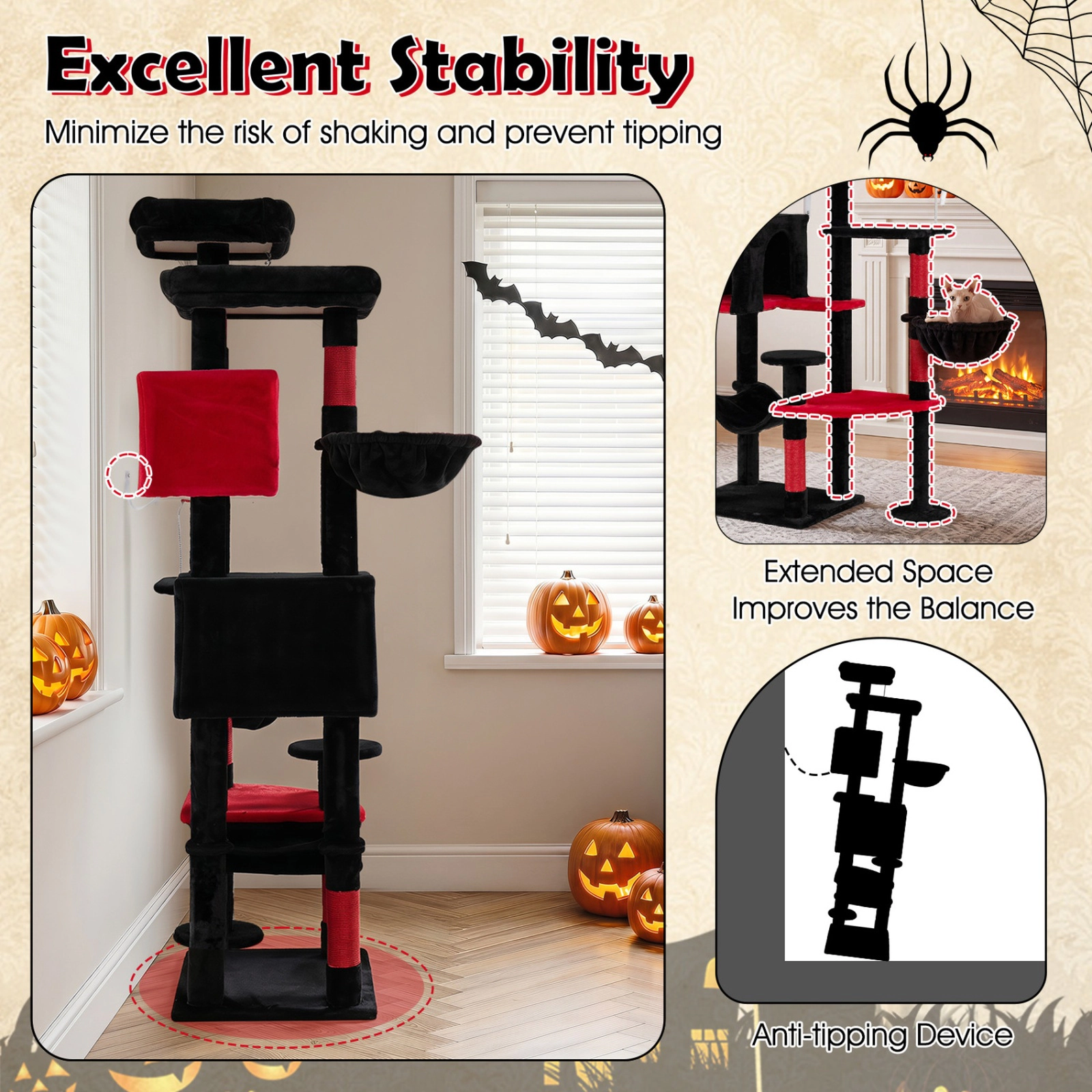 SUGIFT 75-in Gothic Cat Tree with 2 Plush Perches, 2 Condos, Hammock and Basket Beds 22-lb Tier Capacity Black & Red