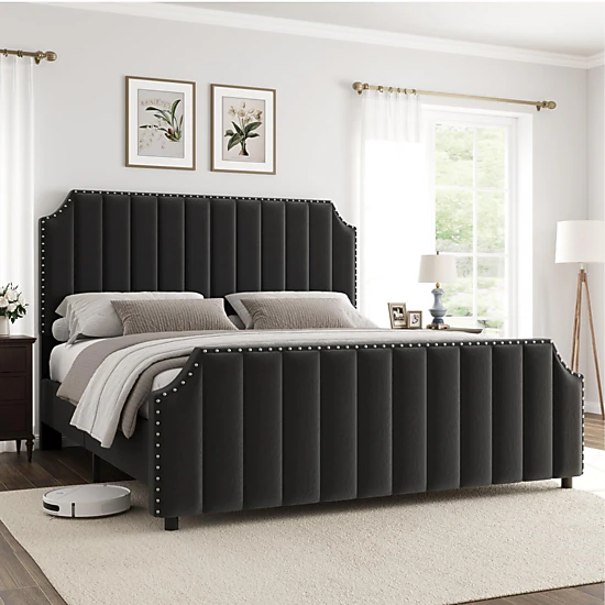 BebreezChic Upholstered Velvet Channel Tufted Tall Headboard Nailhead King Platform Bed Frame