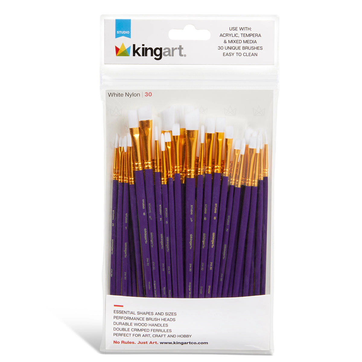 KINGART Studio White Nylon Brush Set - 30 pc Acrylic & Watercolor