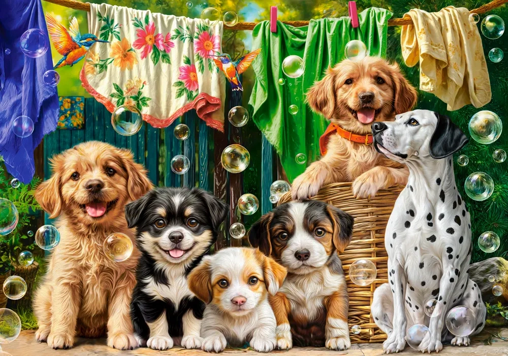 CASTORLAND 500 Piece Jigsaw Puzzles, Puppies, Laundry and Bird Antics, Puppies, Dogs, Golden Retriever,  B-54152