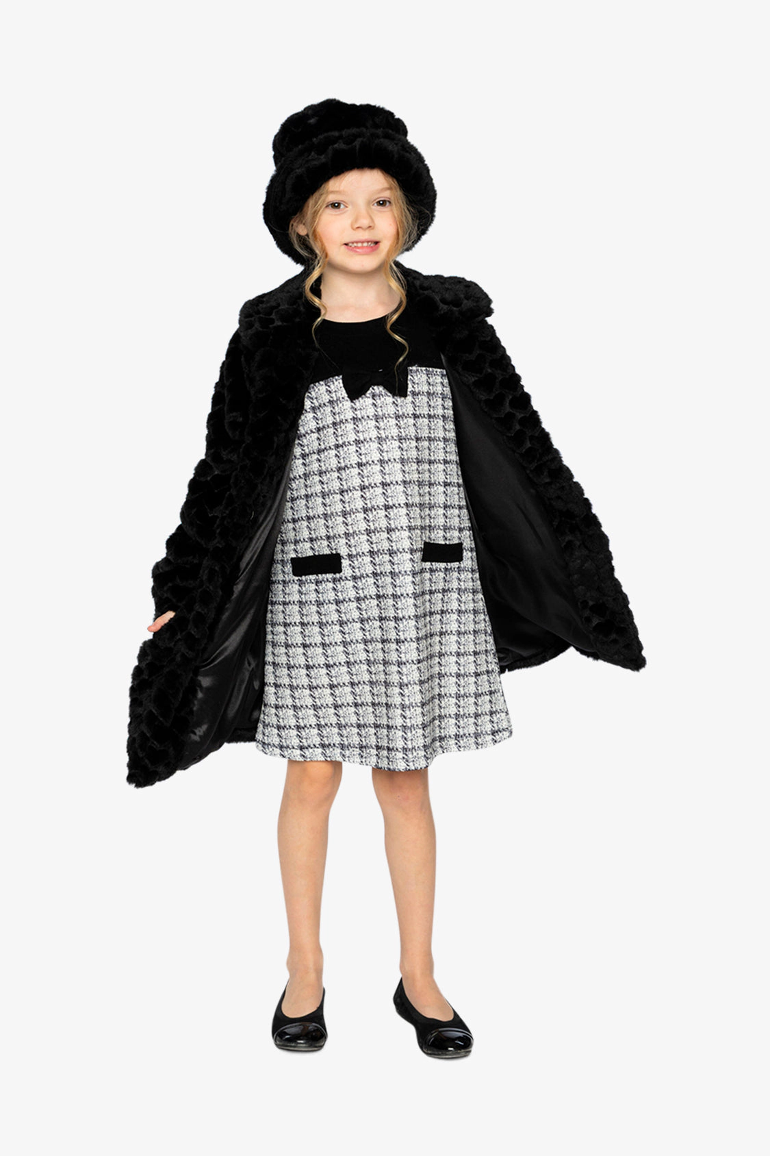 Deux par Girls Button Front Textured Heart Pattern Faux Fur Long Coat