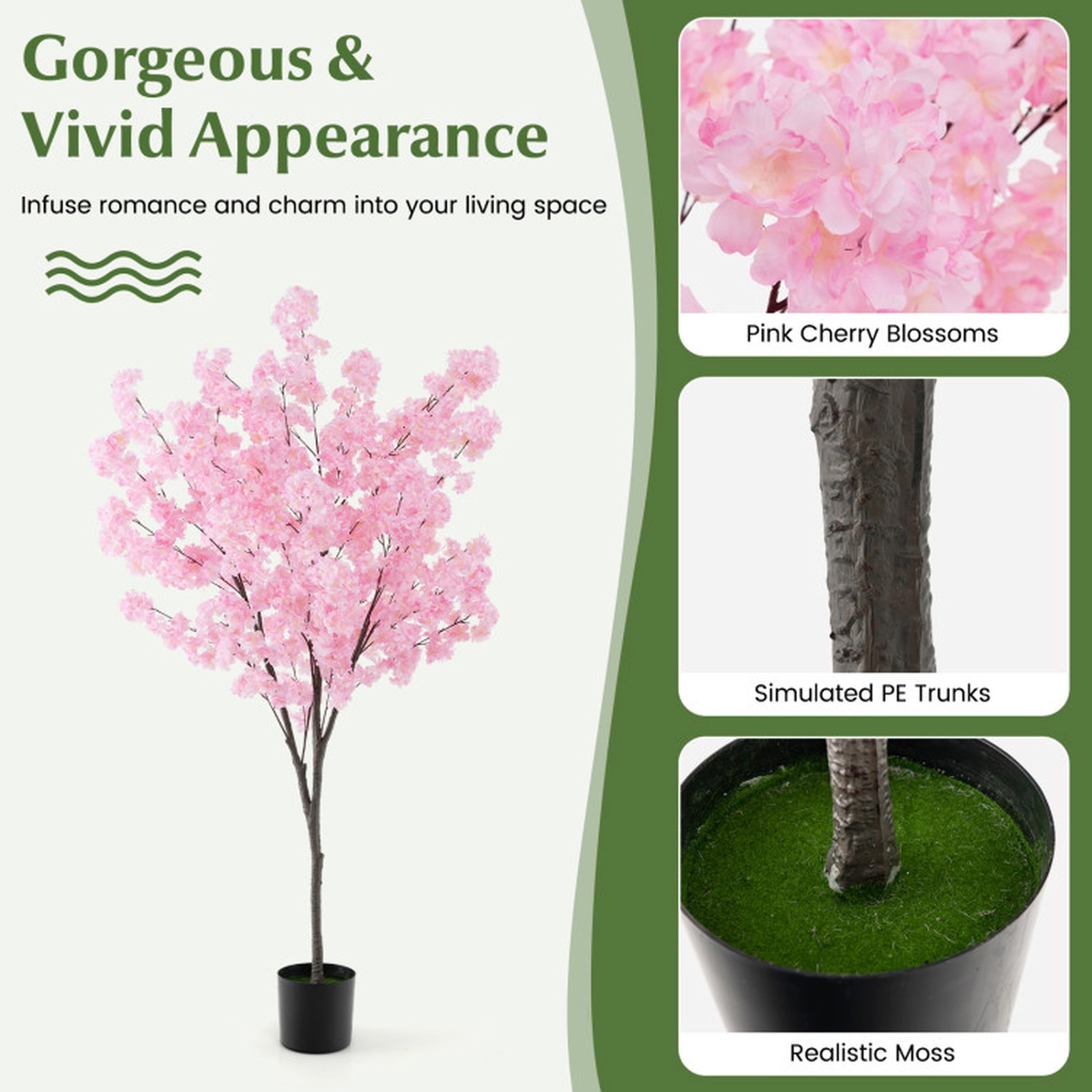 SUGIFT 6.5-ft 900 Blossoms Simulated PE Trunk Artificial Cherry Blossom Tree 8-in x 8-in x 74.8-in 11-lb Pink