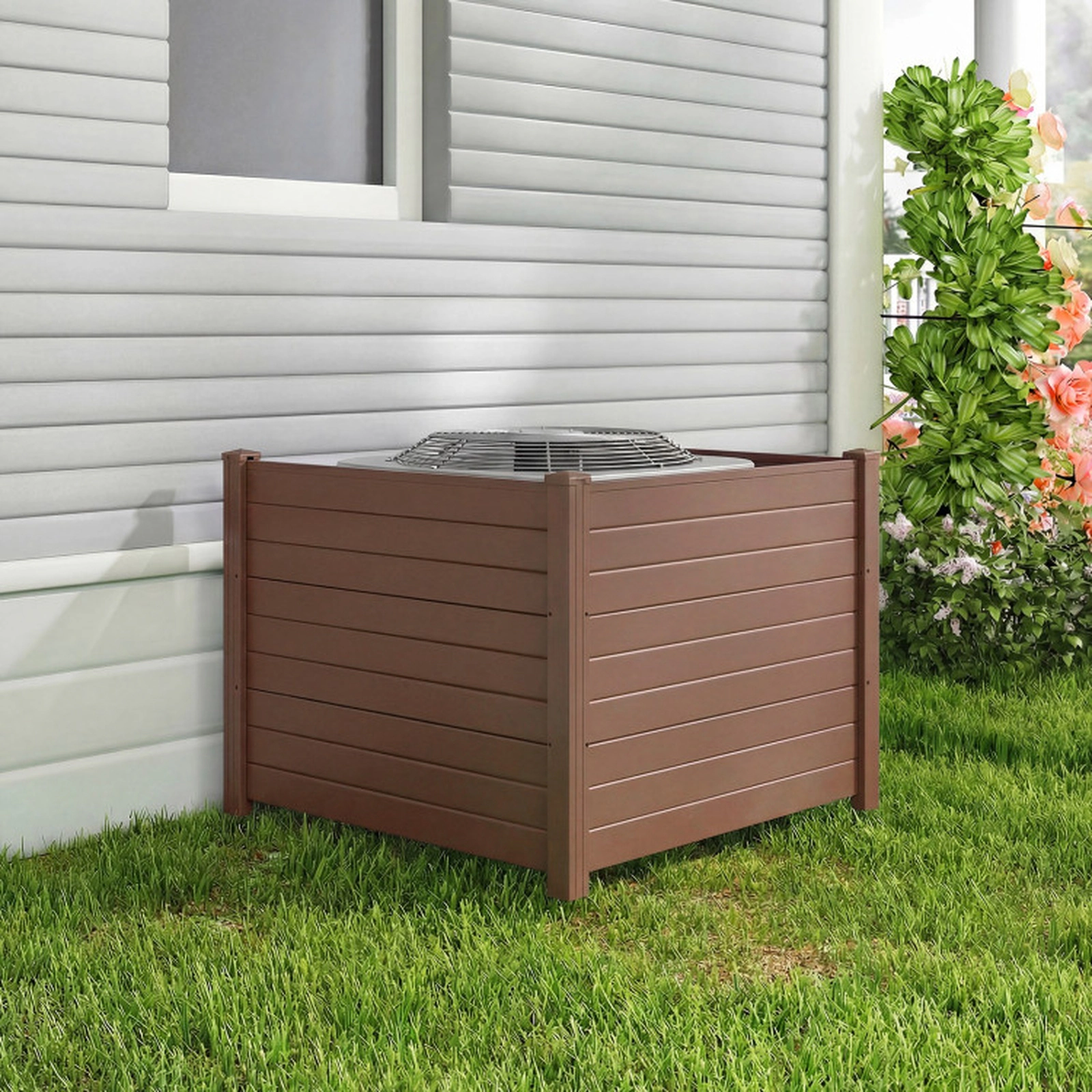 SUGIFT 3-Panel 48 x 38 in Garden Trellis Air Conditioner Fence with Metal Ground Stakes for Patio and Backyard Brown