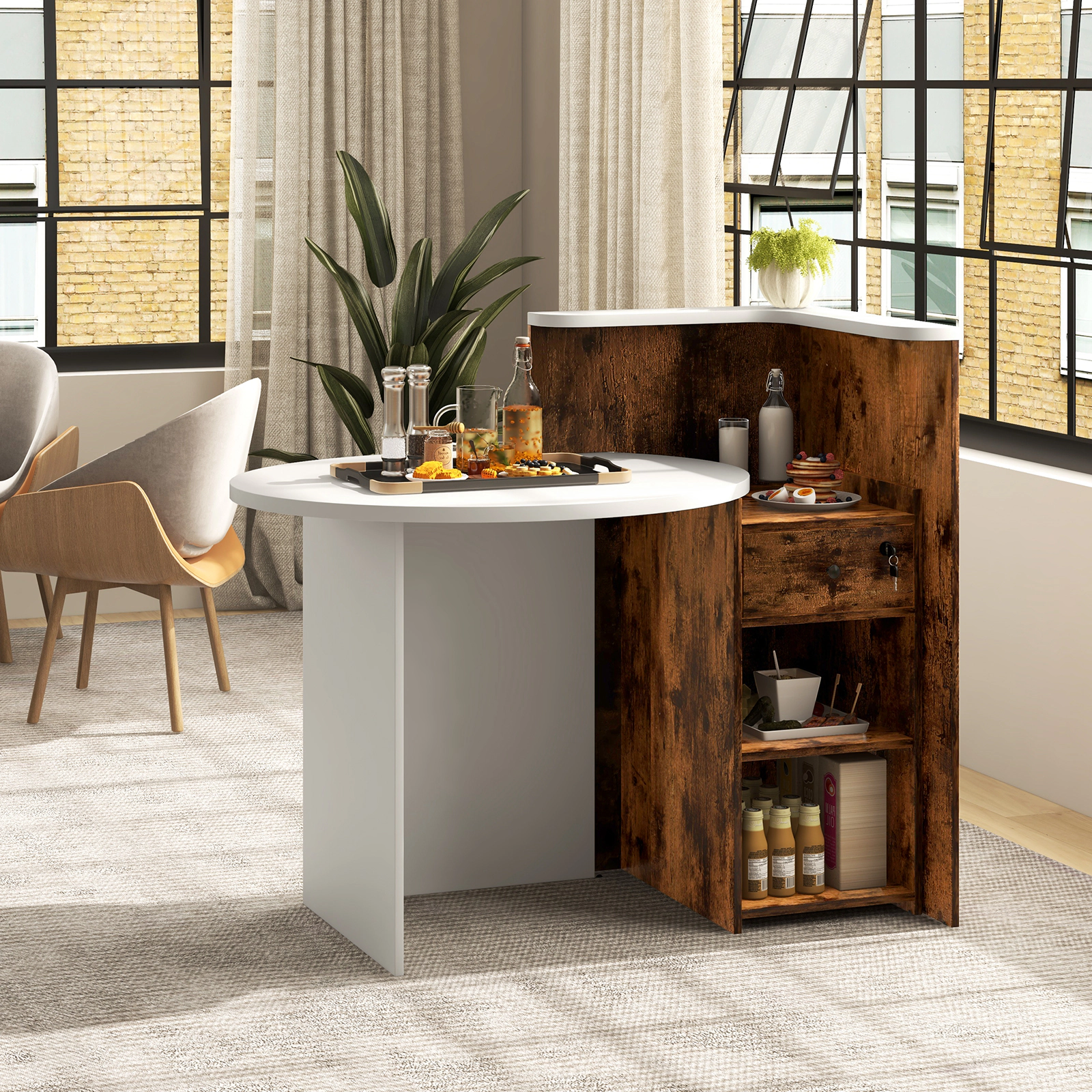 SUGIFT 110-lb Capacity 48-in Front Desk with Oval Counter Top Lockable Drawer and L-Shaped Corner Shelf