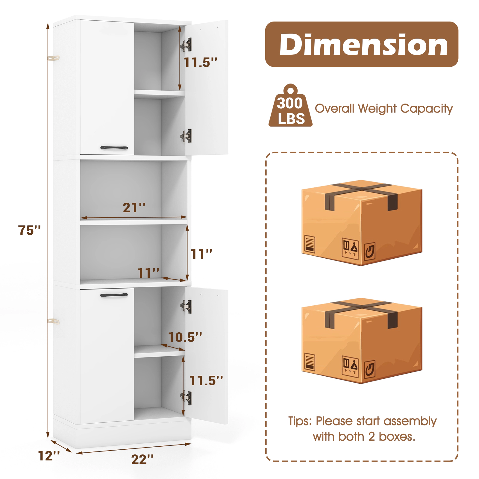 SUGIFT 75-in Tall 2 Double-Door Cabinets 2 Open Shelves Kitchen Pantry Cabinet 22-in x 12-in 300-lb Capacity White