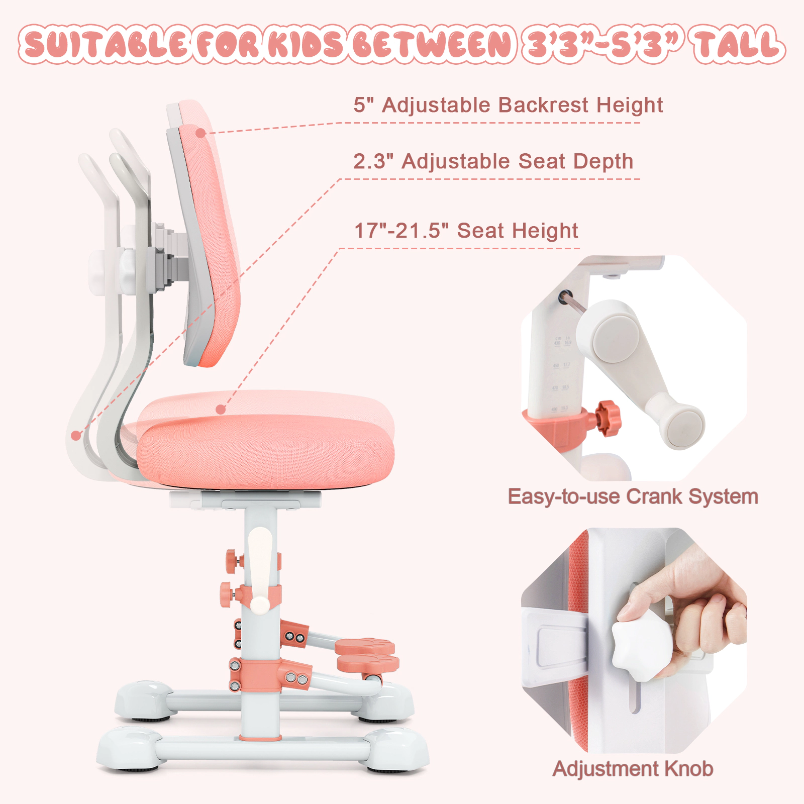 SUGIFT Pink Kids Study Chair, Double Backrest, Adjustable Footrest, Stepless Seat Height, 220-lb Capacity