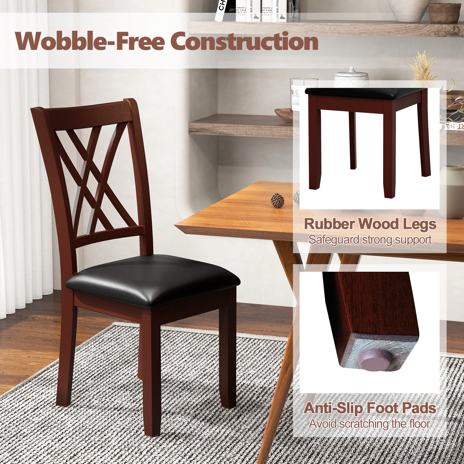 SUGIFT Set of 2 Dining Chairs with X-Backrest and Padded PVC Leather Seat 355-Lb Capacity Brown & Black 39-in Tall