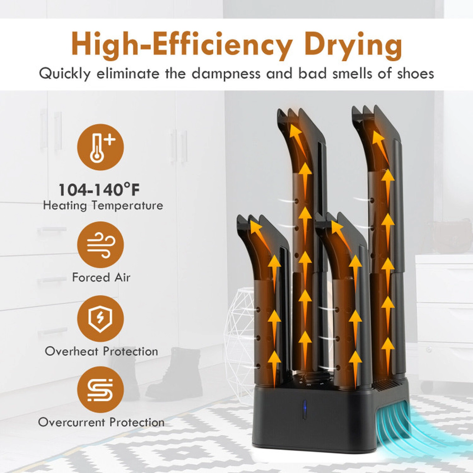 SUGIFT 200W Electric Boot and Shoe Dryer with 4 Anti-Blocking Tubes 180-Minute Timer and Quiet 52dB Fan