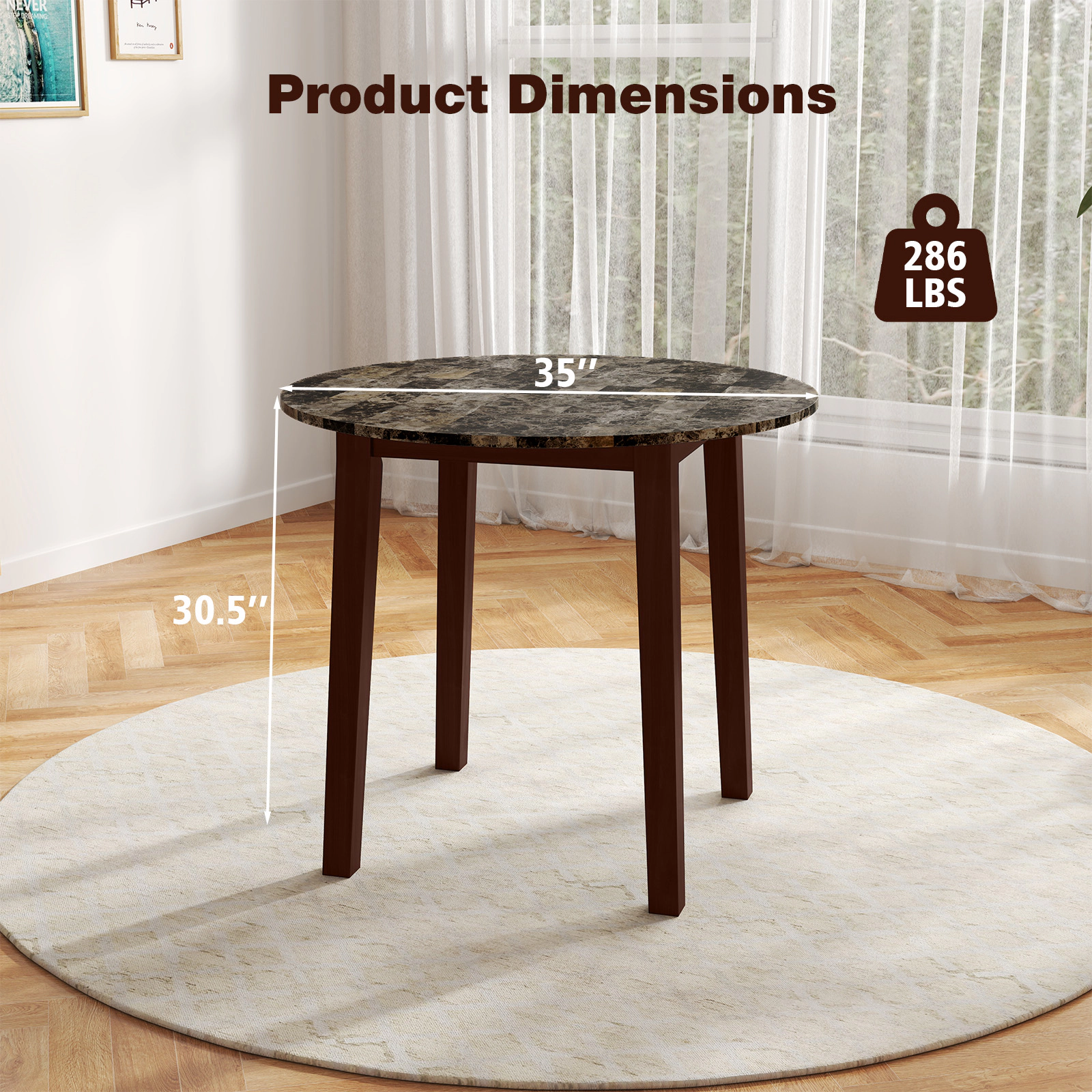 SUGIFT 35-in Round Dining Table with Rubber Wood Legs and Marble-Textured Veneer Tabletop 286-lb Capacity Brown