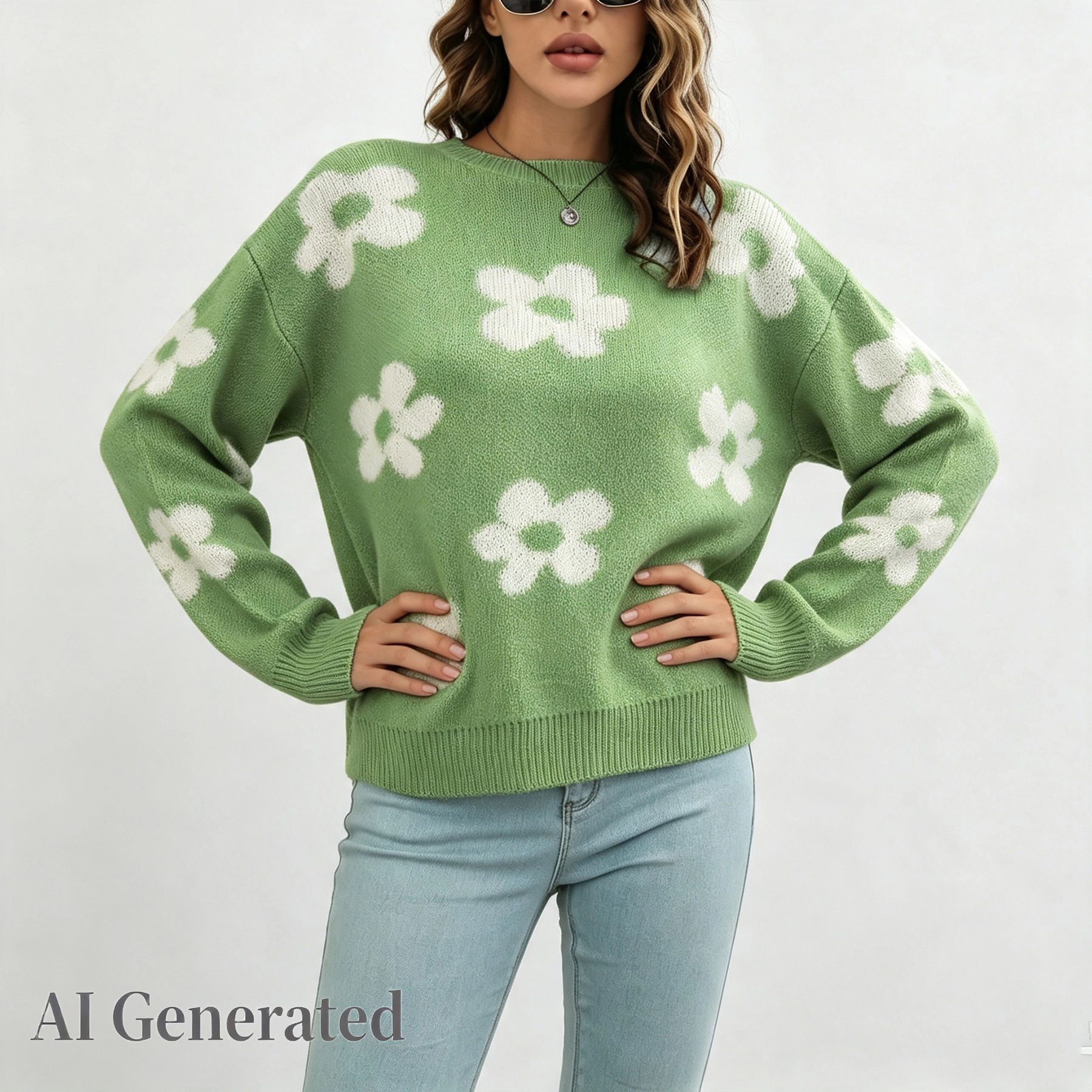 YesFashion Women Floral Sweaters Trendy Long Sleeve Cozy Winter Fall Crewneck Knit Pullovers