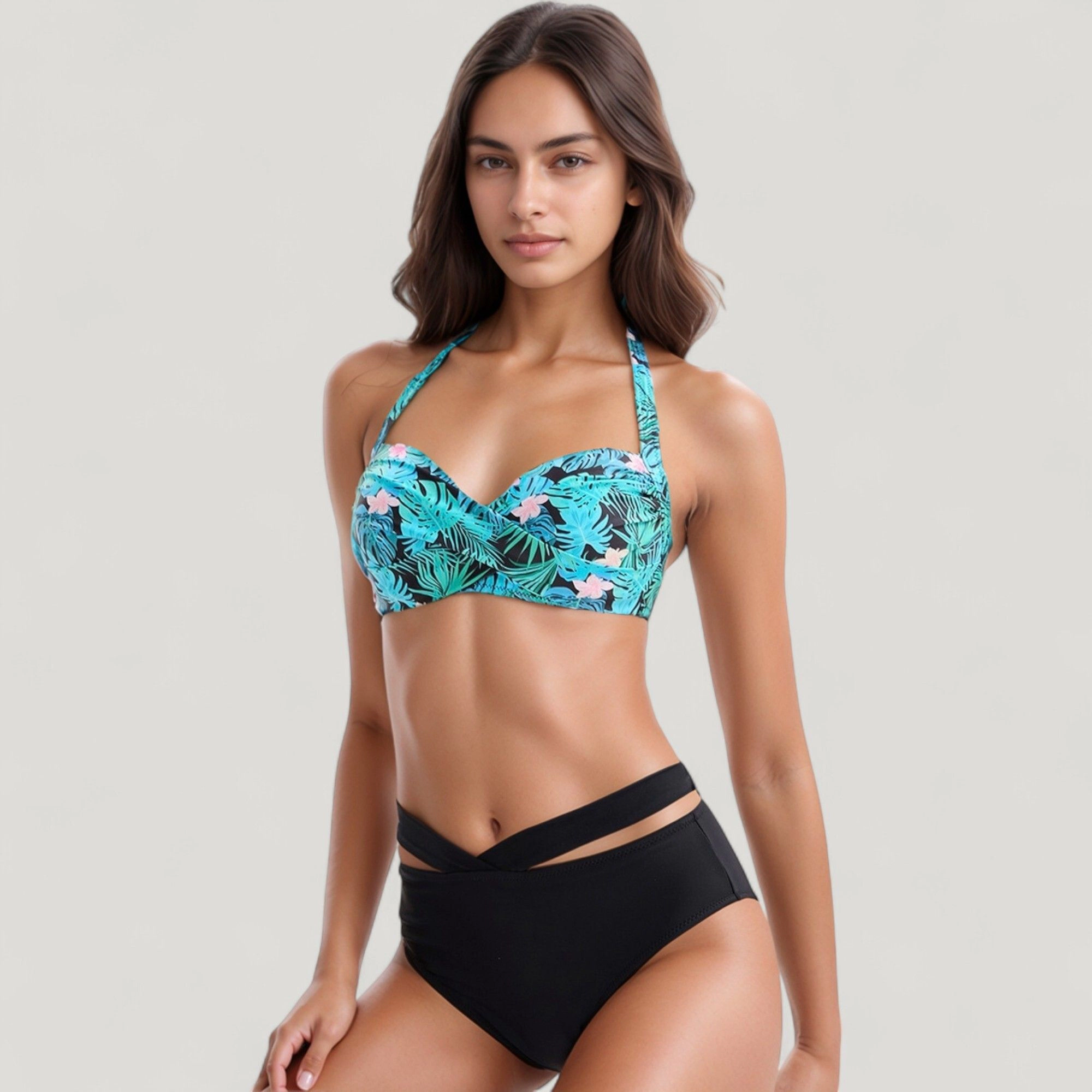 Anna-Kaci Women's Tropical Print Bikini Set with Crisscross High Waist Bottom and Wide Strap Top