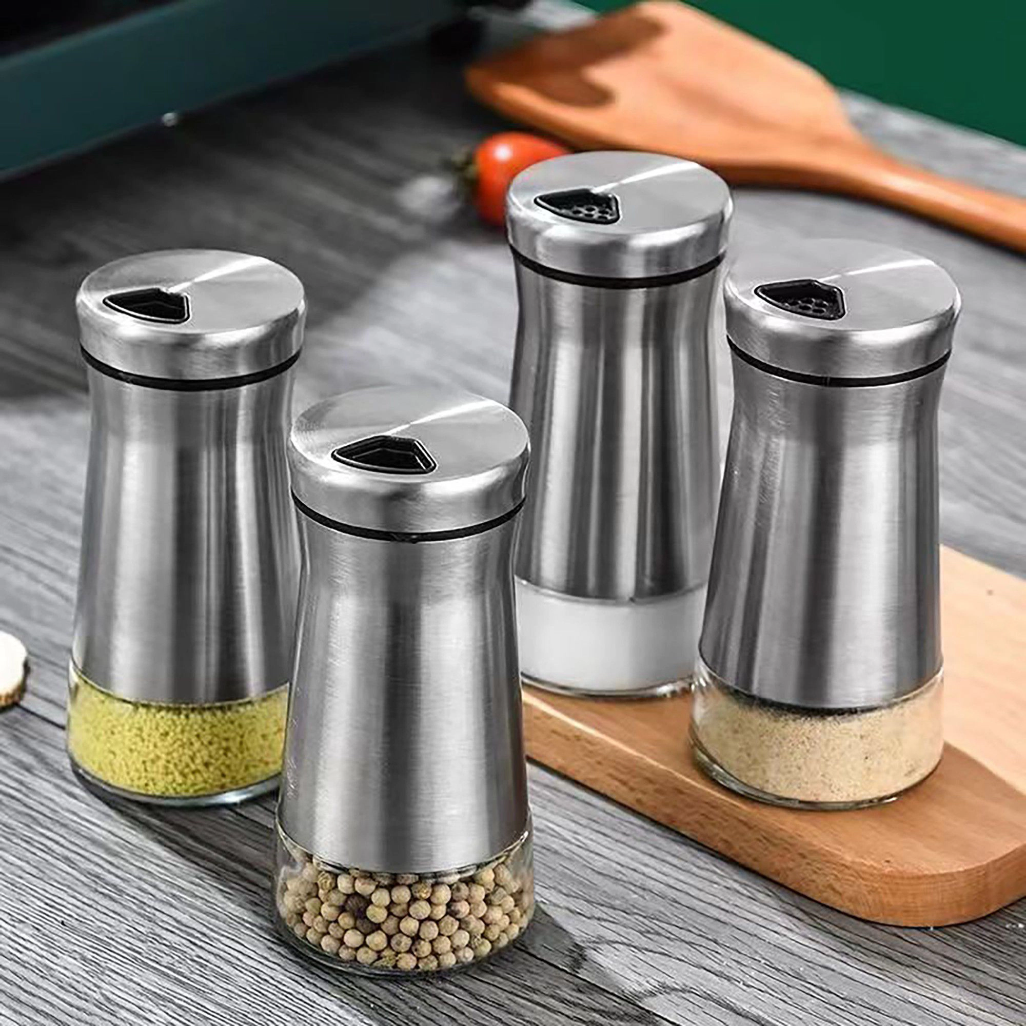 Alilang Women Stainless Steel Spice Shaker Jar with Glass Base and Dispensing Lid