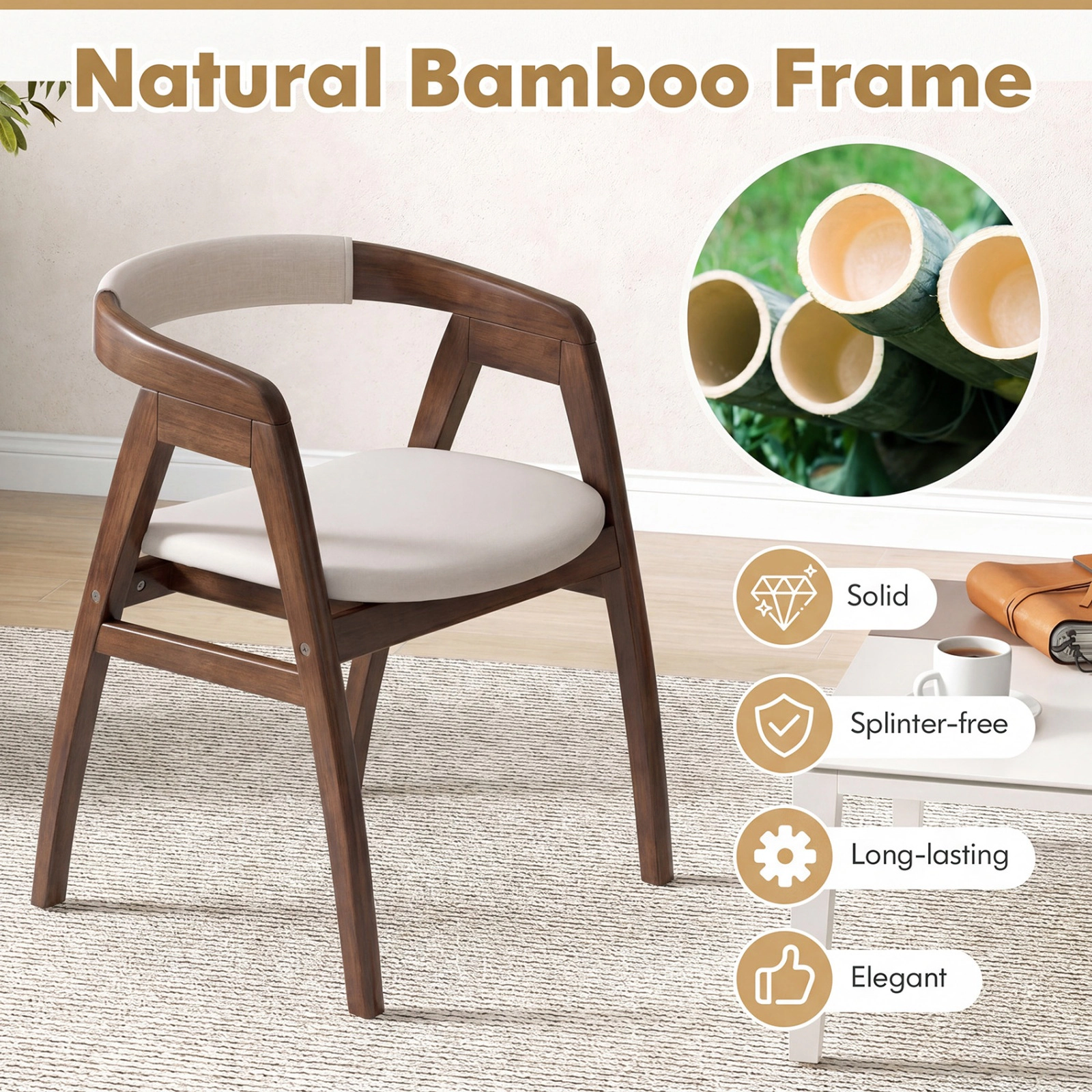 SUGIFT Natural Bamboo Upholstered Dining Chair with Curved Back 286-lb Capacity 22.5-in Wide Seat Burlywood
