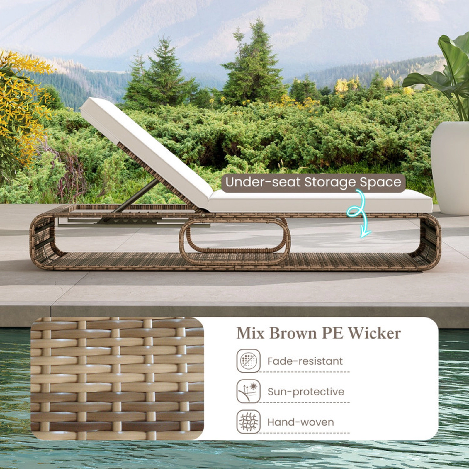 SUGIFT 7-Position Adjustable PE Rattan Outdoor Chaise Lounge Chair 400-Lb Capacity Mix Brown with Off-White/Navy Cushion