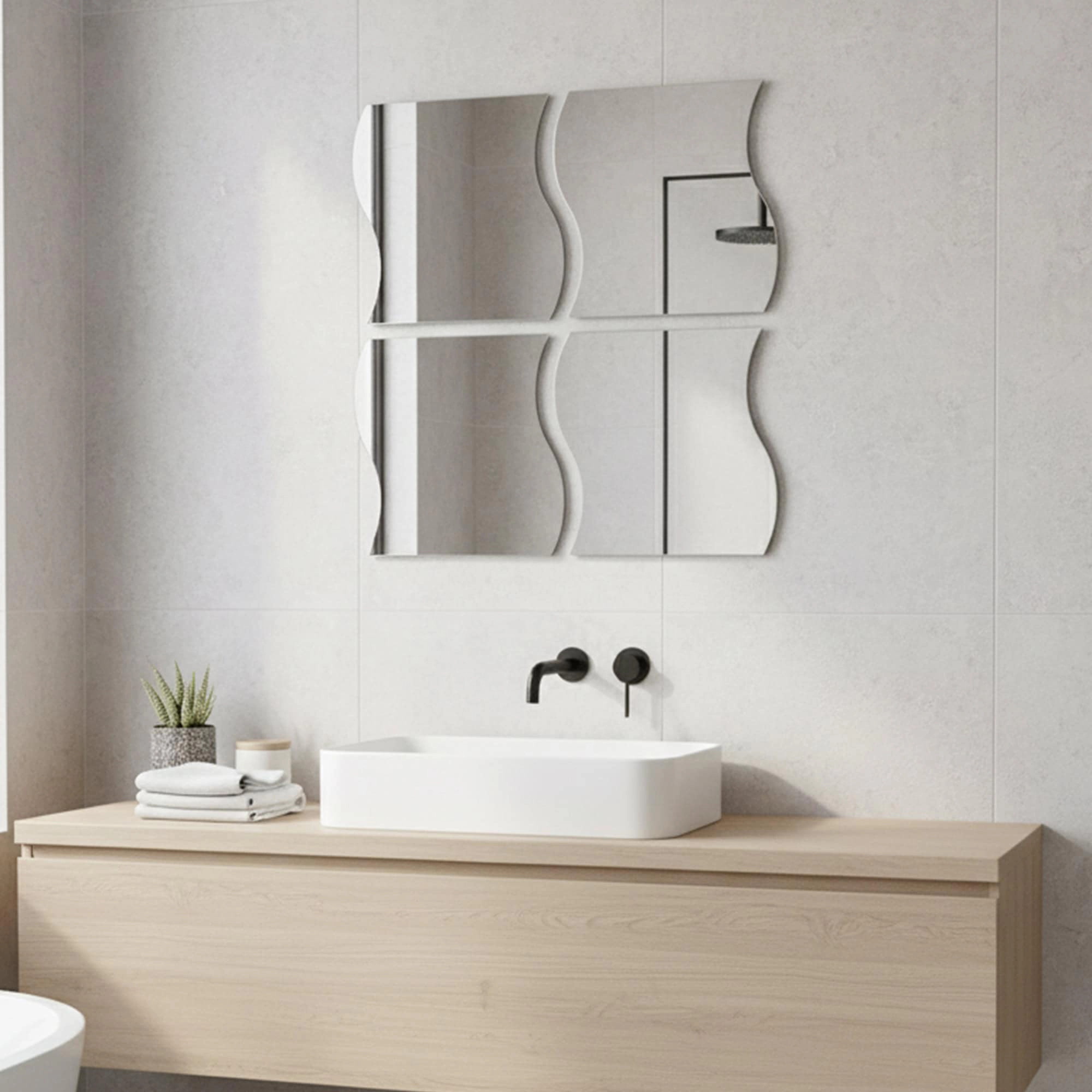 Evideco French Home Goods Set of 4 Large Wave Self-Adhesive Glass Mirrors, Silver
